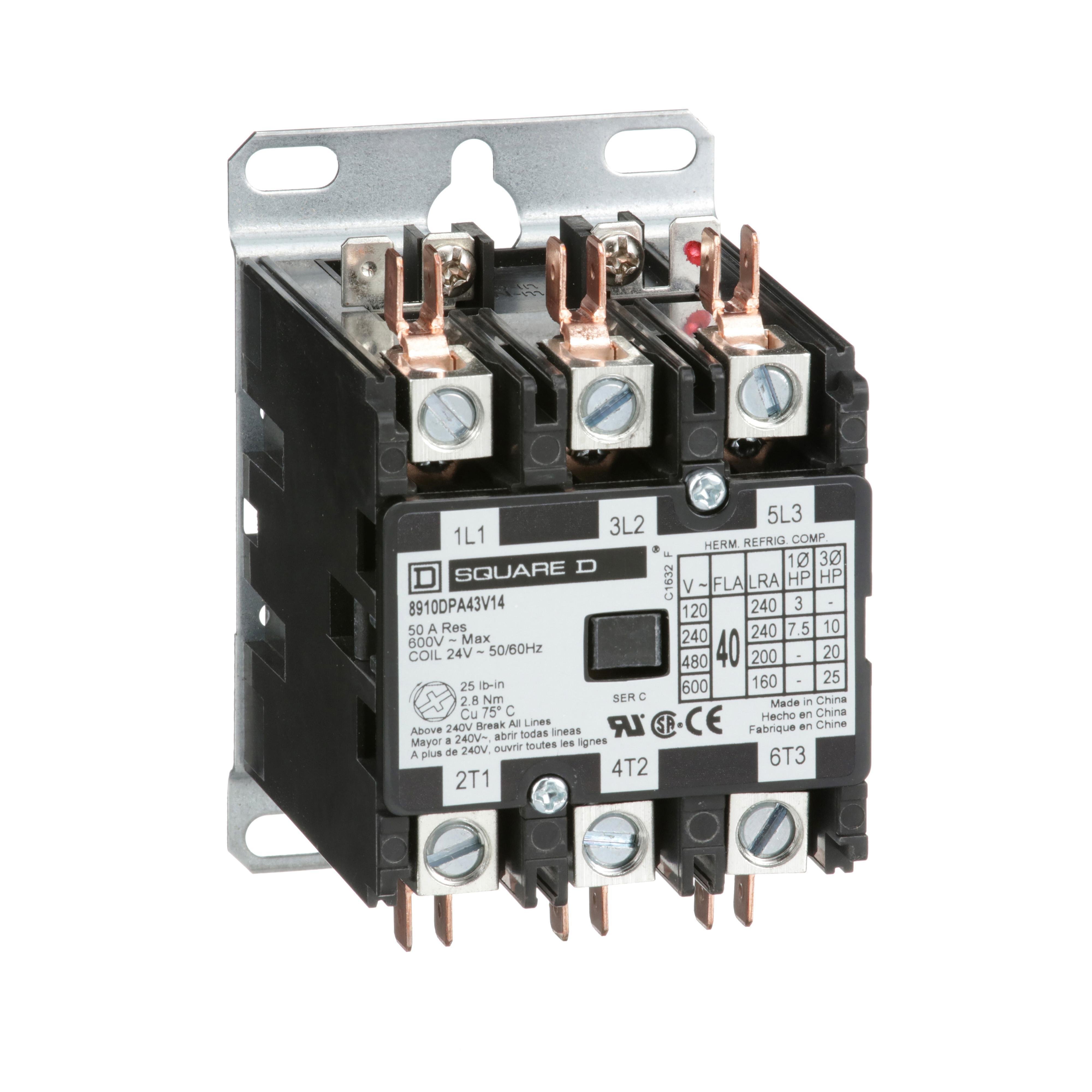 8910DPA43V14 - Contactor, Definite Purpose, 40A, 3 pole, 25HP at 575VAC, 3 phase, 24/24VAC 50/60Hz coil, open