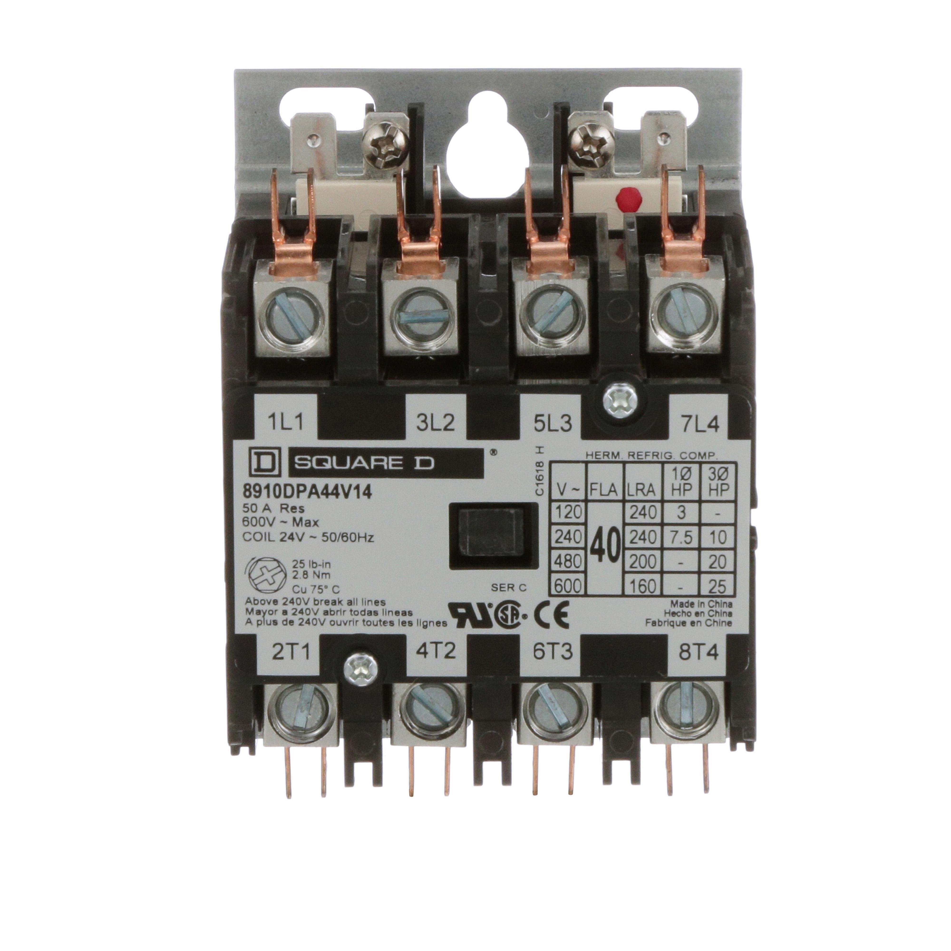 8910DPA44V14 - Contactor, Definite Purpose, 40A, 4 pole, 25HP at 575VAC, 3 phase, 24/24VAC 50/60Hz coil, open