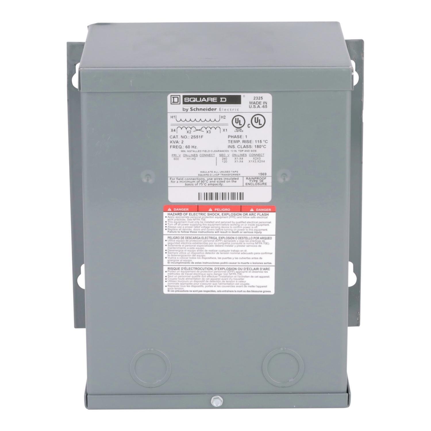 2S51F - Transformer, dry type, encapsulated, 2kVA, 1 phase, 600V primary, 120/240V secondary, 9A, 115C rise [TAA]
