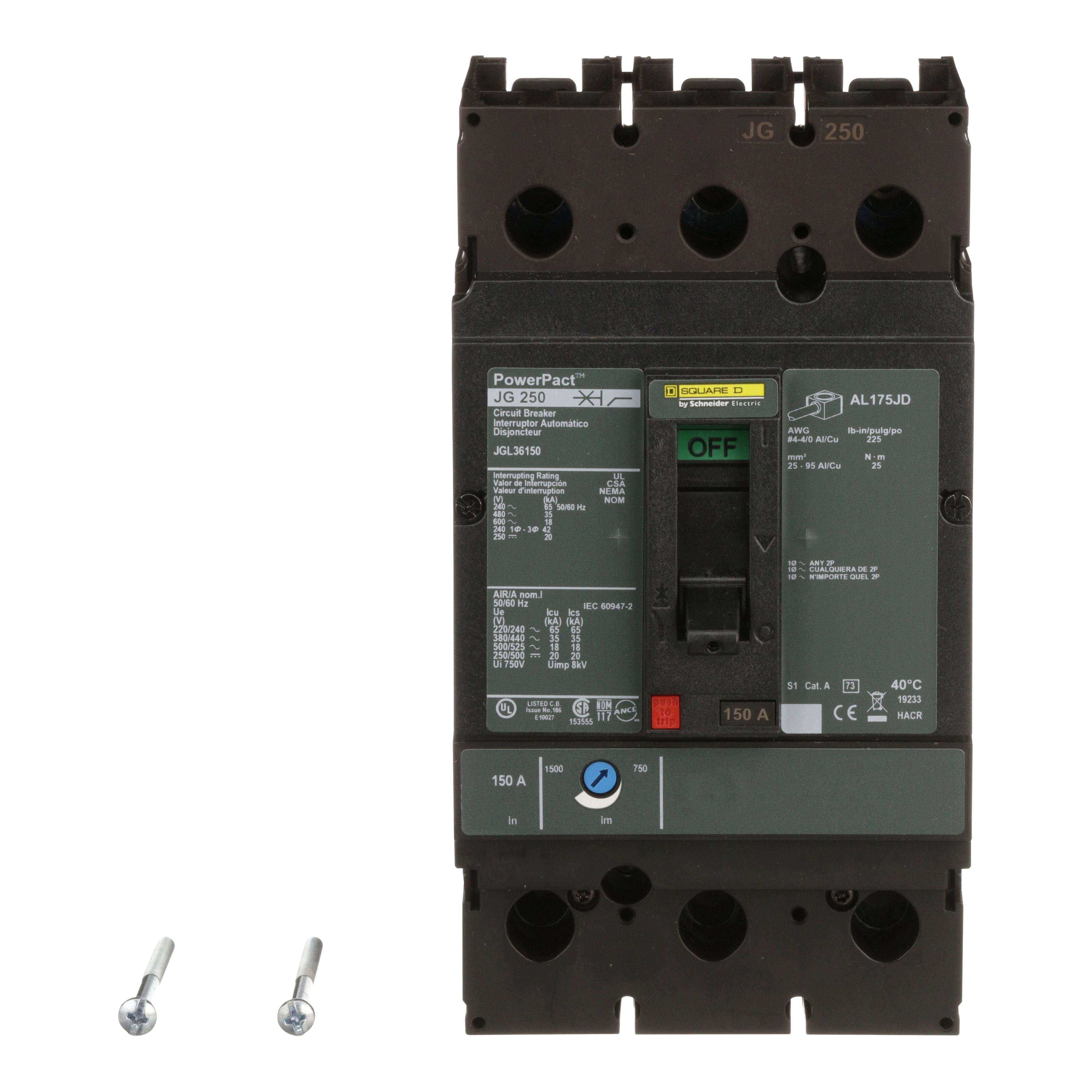 Picture of JGL36150 - Circuit breaker, PowerPacT J, 150A, 3 pole, 600VAC, 18kA, lugs, thermal magnetic, 80%