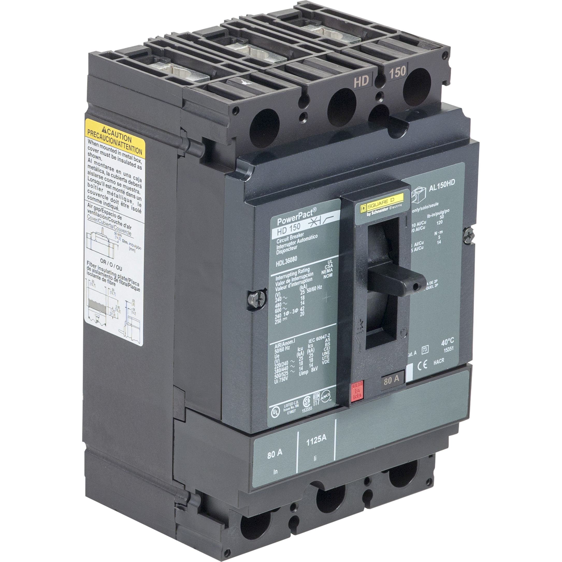 HDL36110C - Circuit breaker, PowerPacT H, 110A, 3 pole, 600VAC, 14kA, lugs, thermal magnetic, 100%