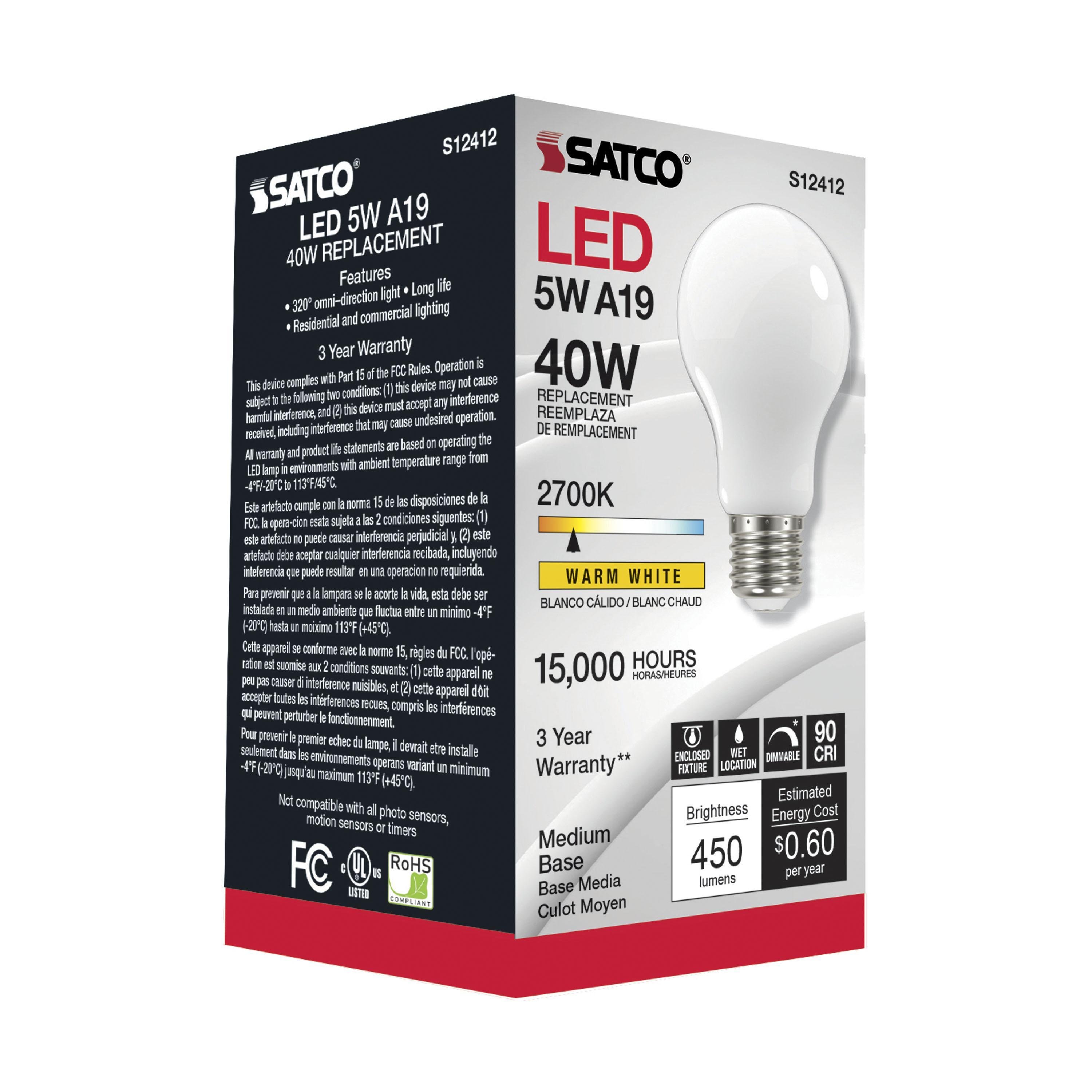 S12412 - 5 Watt LED A19 - Soft White - 2700K - Medium base - 90 CRI - 120 Volt
