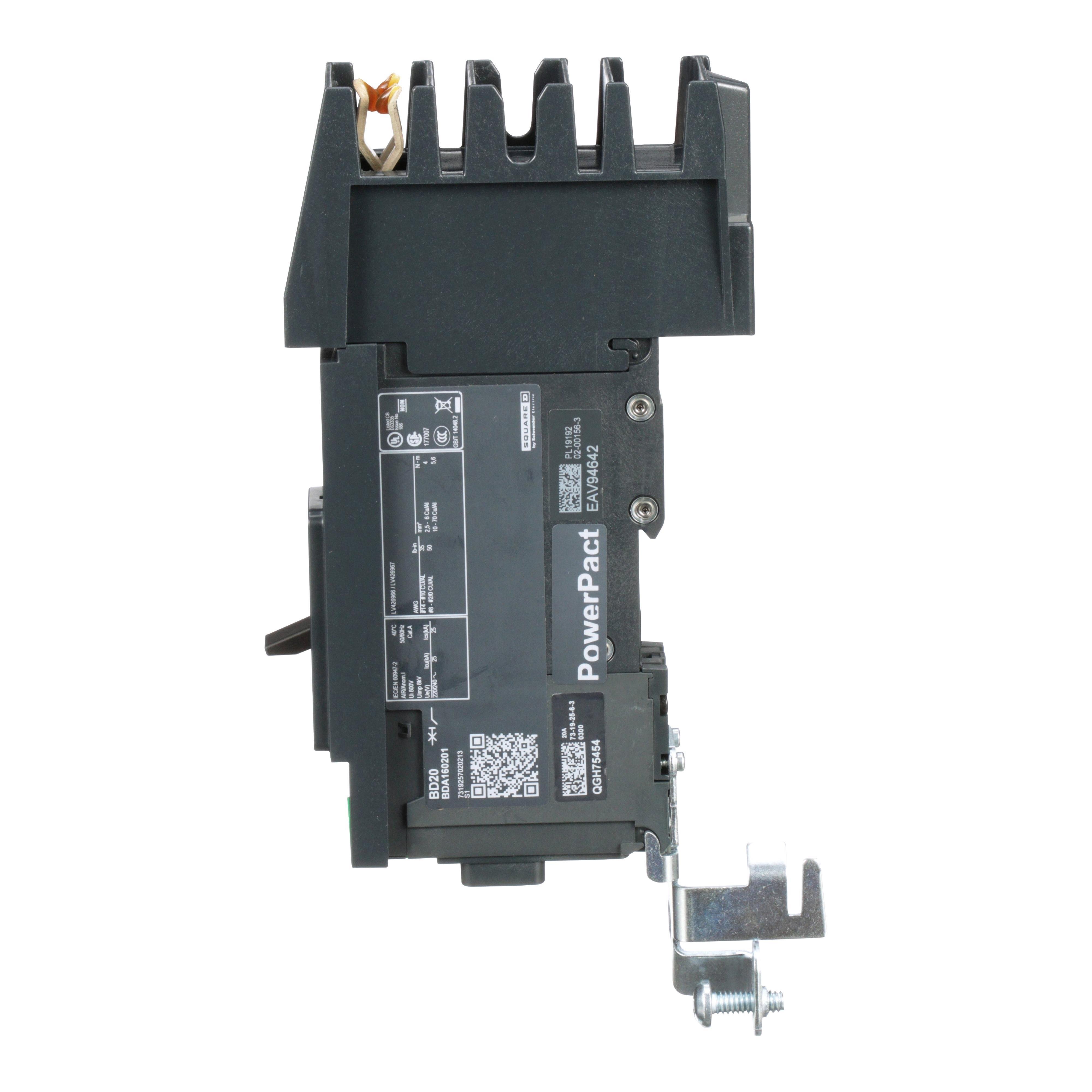 Picture of BDA160201 - Circuit breaker, PowerPacT B, 20A, 1 pole, 600Y/347VAC, 14kA, I-Line, thermal magnetic, 80%, A