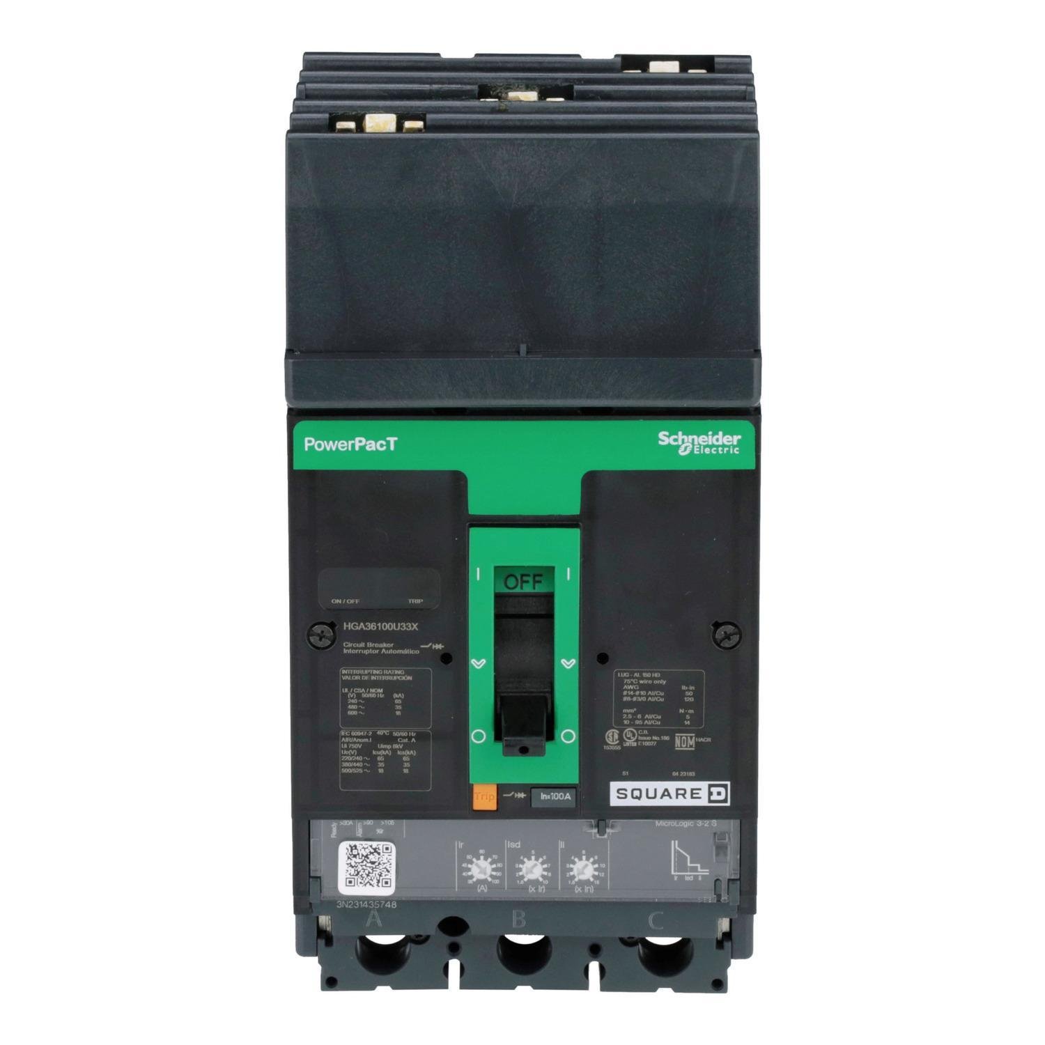 HGA36100U33X - Circuit breaker, PowerPacT H, 100A, 3 pole, 600VAC, 18kA, I-Line, Micrologic 3.2S, 80%, ABC