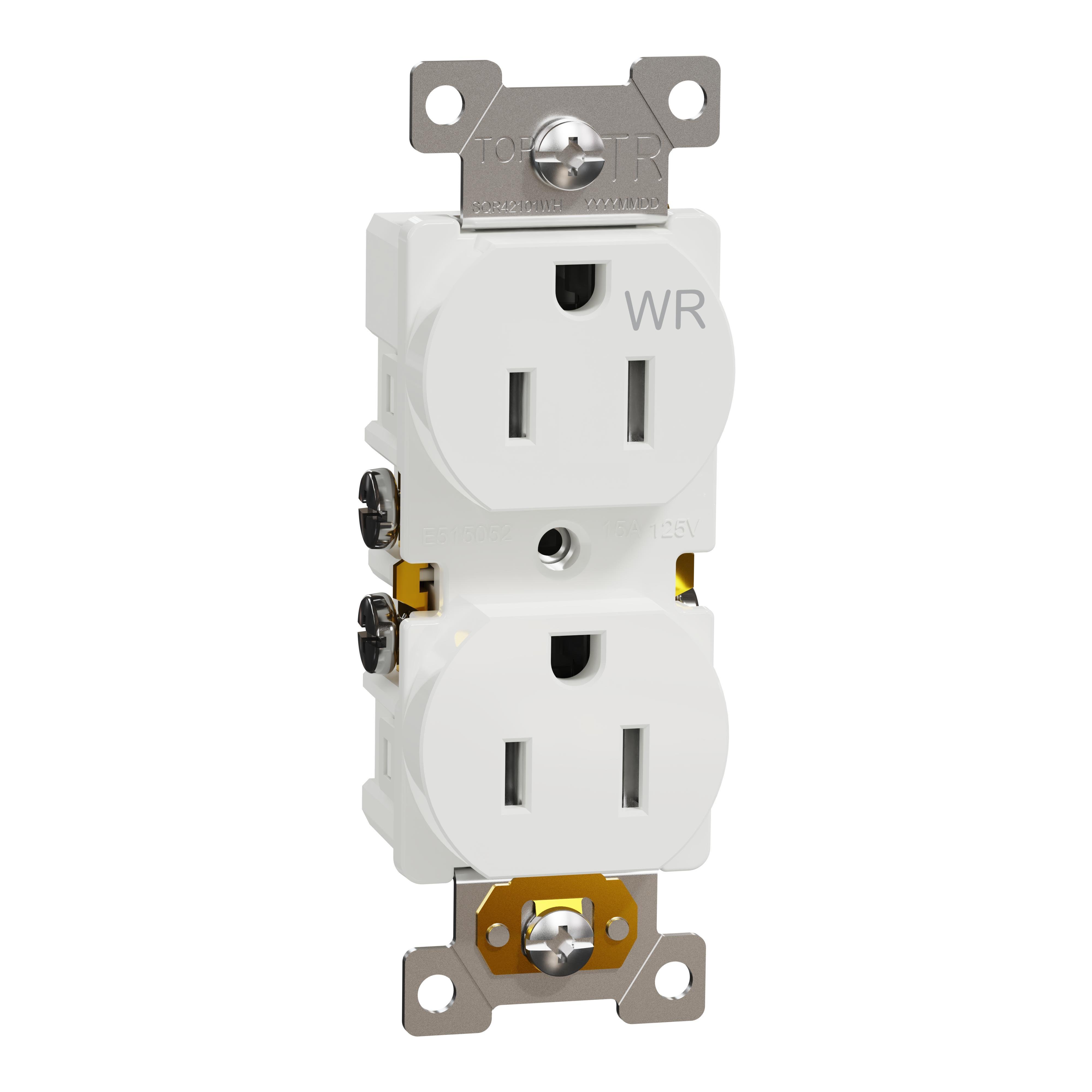 Picture of SQR42104WH - Socket-outlet, X Series, 15A, standard, duplex, tamper resistant, weatherproof, residential, white, matte finish