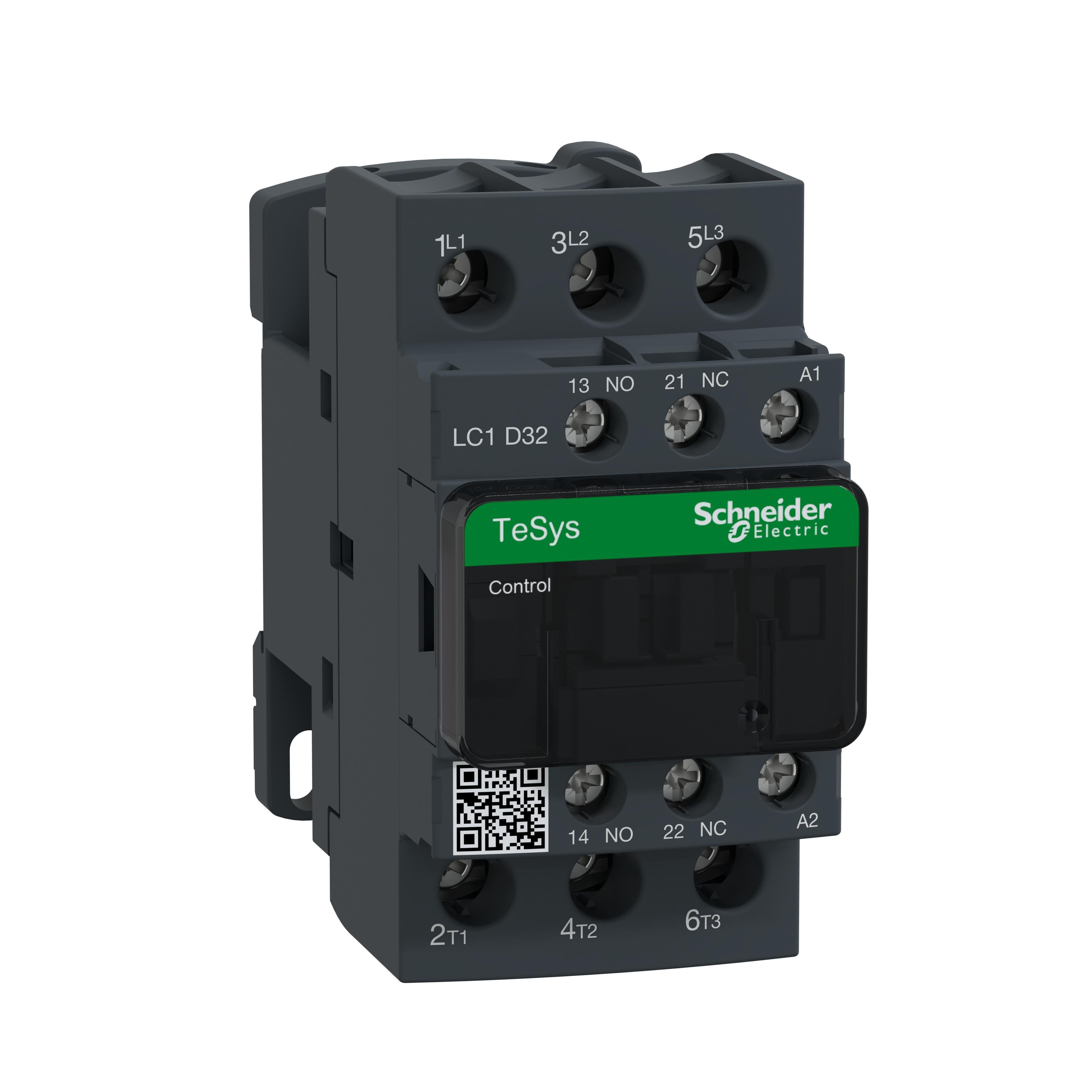 Picture of LC1D32LE7 - IEC contactor, TeSys Deca, nonreversing, 32A, 20HP at 480VAC, up to 100kA SCCR, 3 phase, 3 NO, 208VAC 50/60Hz coil, open