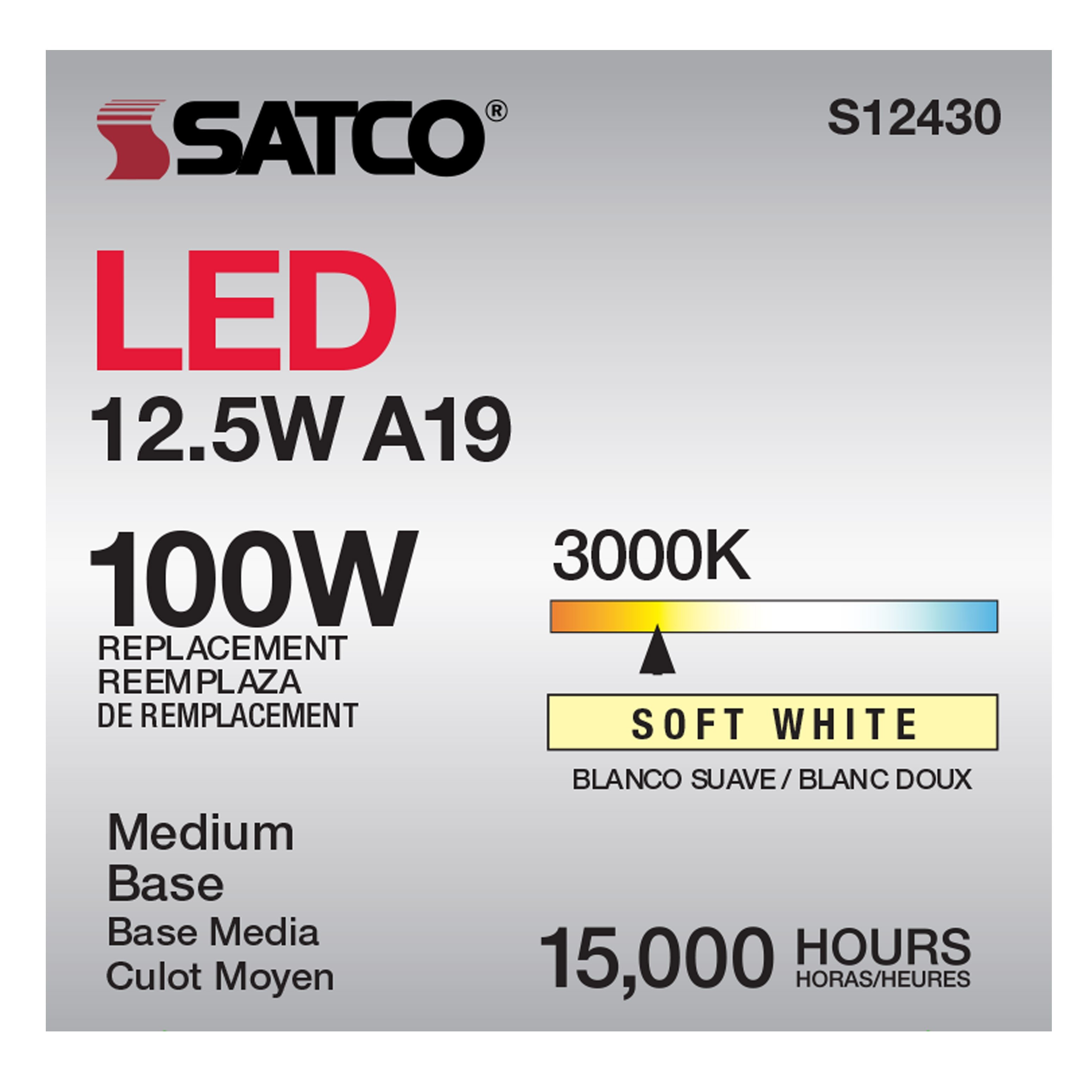 Picture of S12430 - 12.5 Watt LED A19 - Clear - Medium Base - 3000K - 90 CRI - 120 Volt