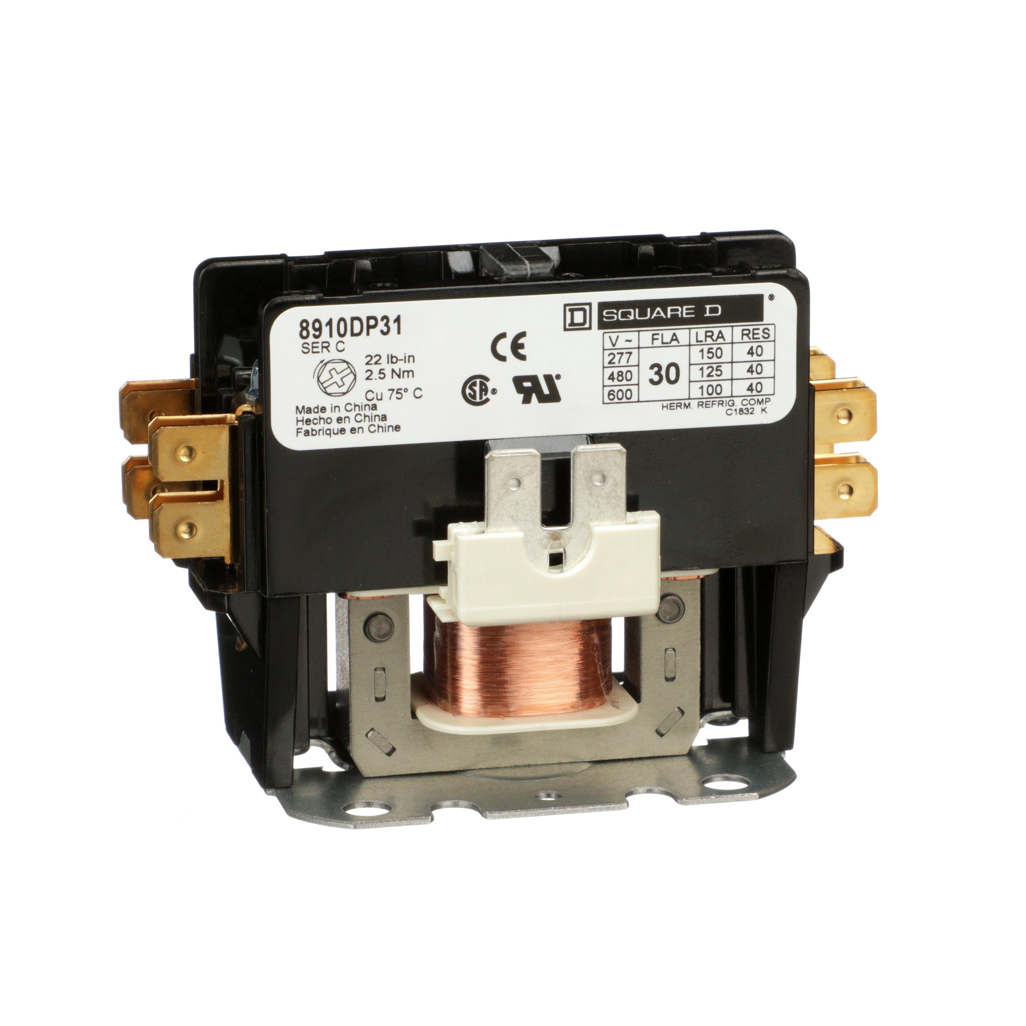 8910DP31V02 - Contactor, Definite Purpose, 30A, 1 pole, 110/120VAC 50/60Hz coil, open
