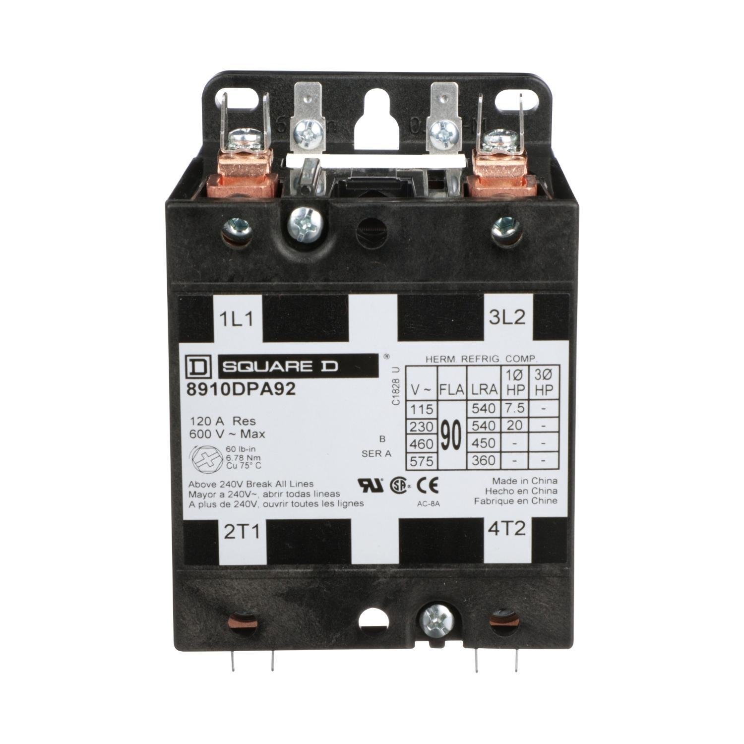 8910DPA92V09 - Contactor, Definite Purpose, 90A, 2 pole, 20 HP at 230 VAC, 1 phase, 208/240 VAC 60 Hz 220 VAC 50 Hz coil, open