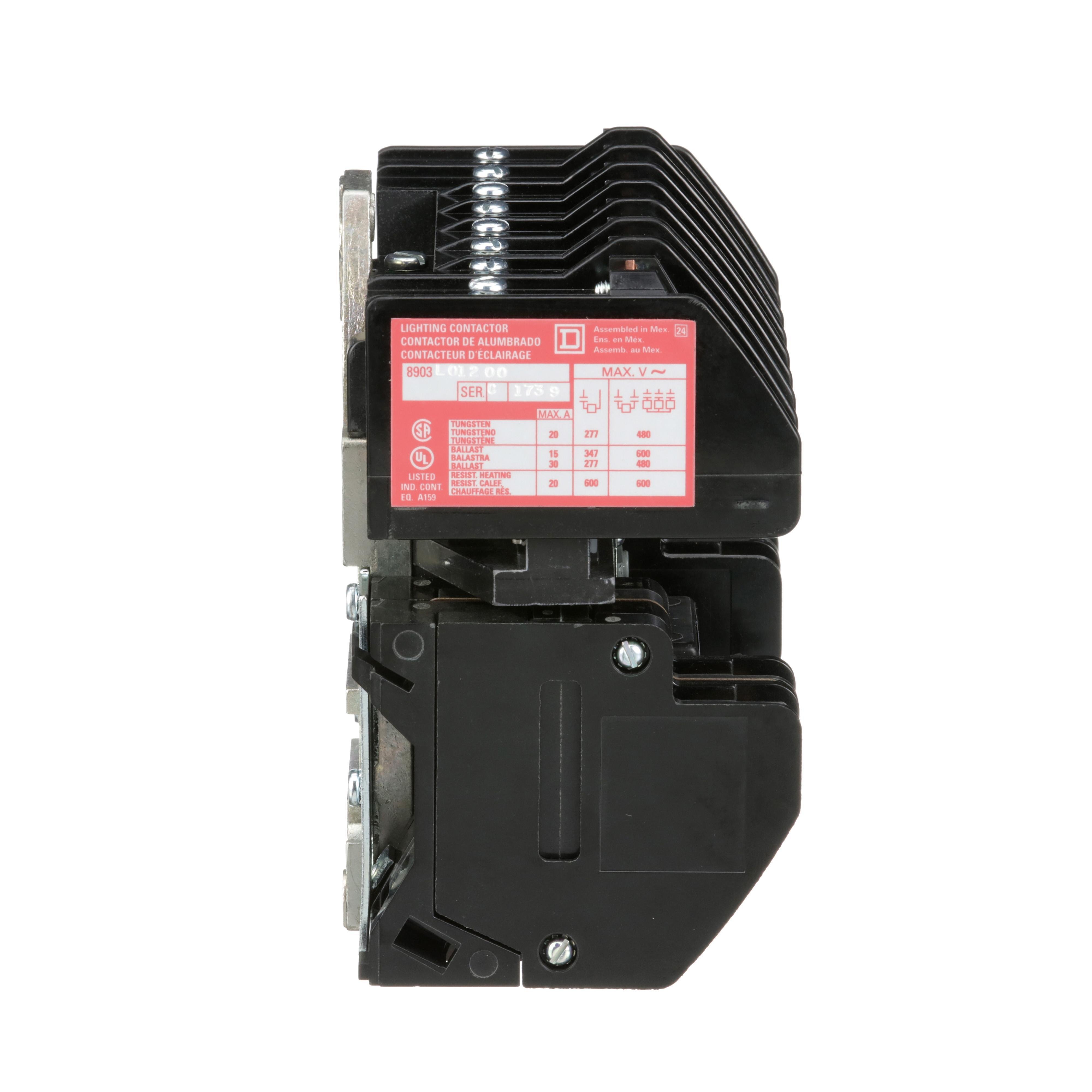 Picture of 8903LO1200V04 - Contactor, Type L, multipole lighting, electrically held, 30A, 12 pole, 600V, 277VAC 60Hz coil, open style [TAA]