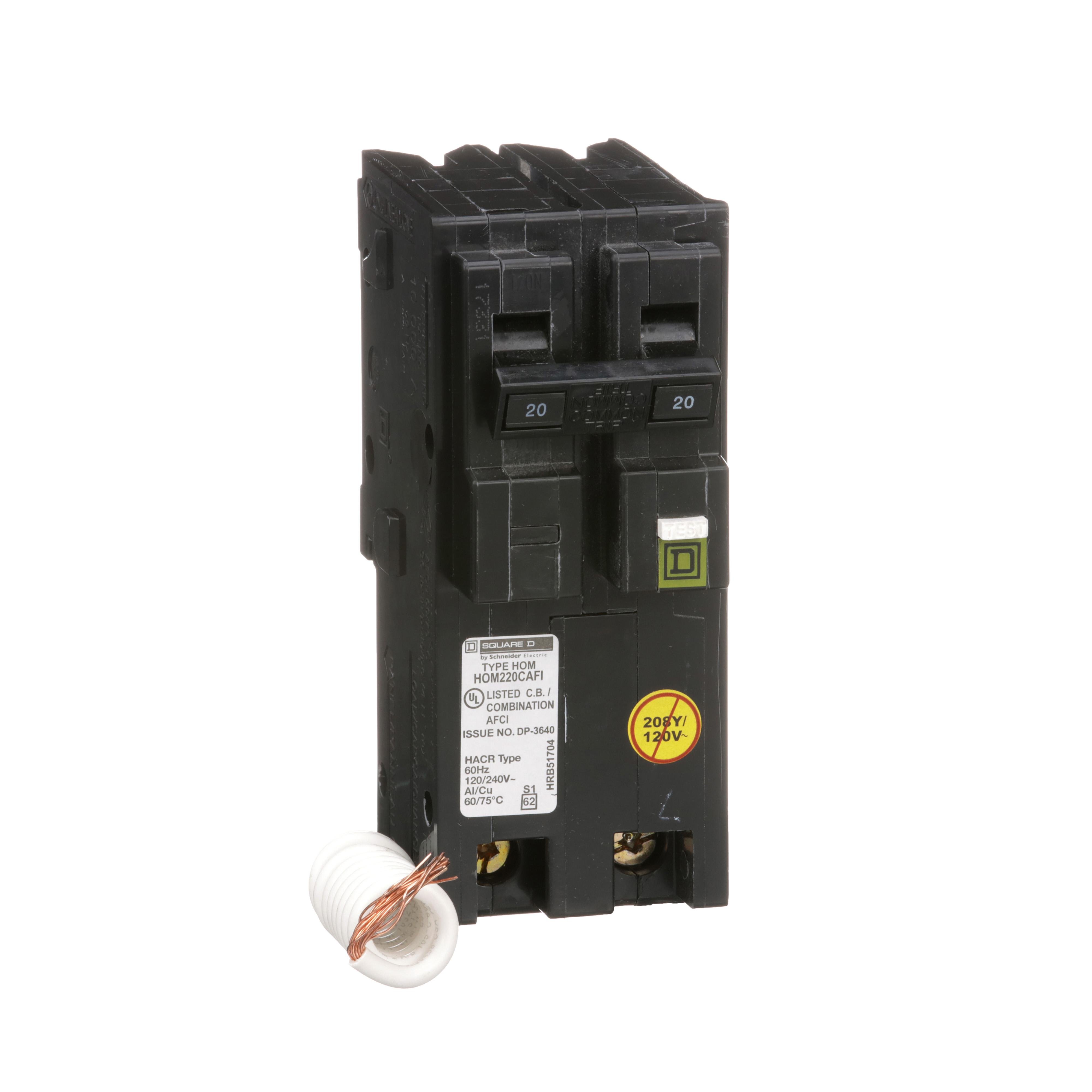 HOM220CAFI - [TAA] Mini circuit breaker, Homeline, 20A, 2 pole, 120VAC, 10kA AIR, combo arc fault, pigtail neutral, plug in, UL