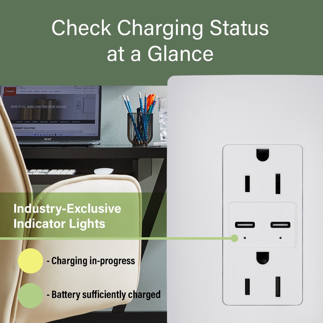 Picture of R26USBPD65W - radiant 65W USB Outlet, Type C, 15A, Tamper-Resistant, White