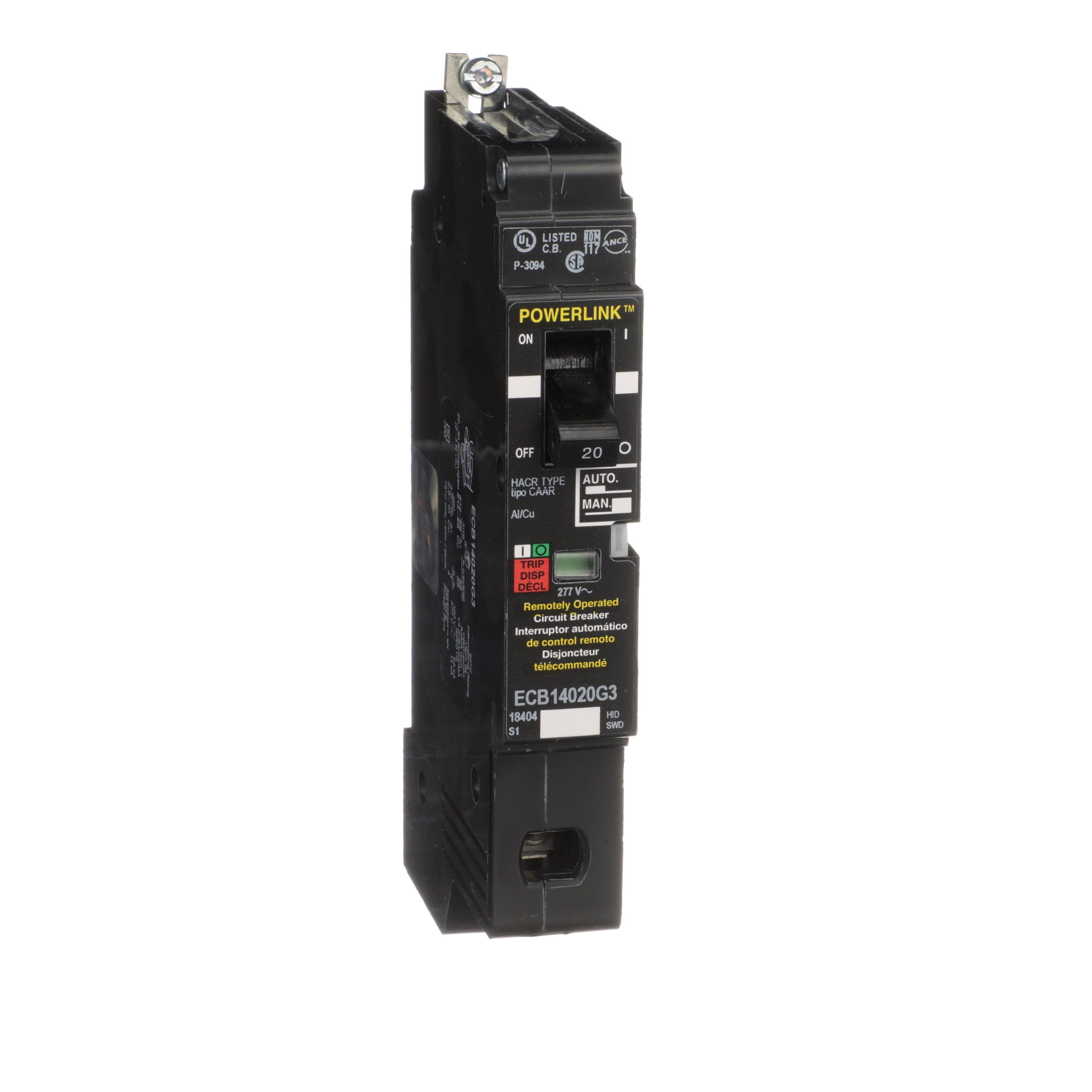 ECB14020G3 - Circuit Breaker, PowerLink™, 20A, 1 pole, 277VAC, 14kA, remotely operated, bolt on mount [TAA]
