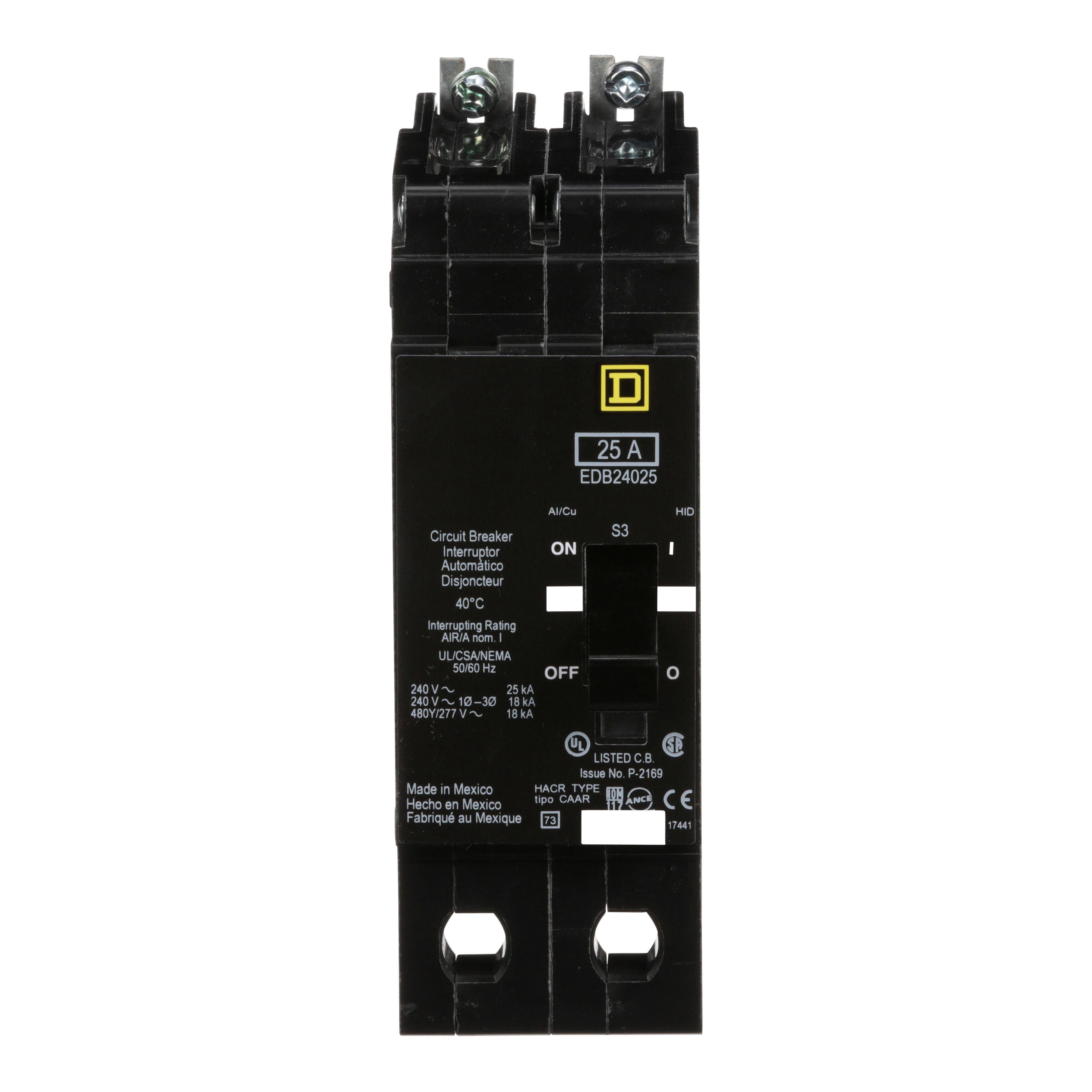 EDB24025 - Mini circuit breaker, E-Frame, 25A, 2 pole, 480Y/277VAC, 25kA max, bolt on [TAA]