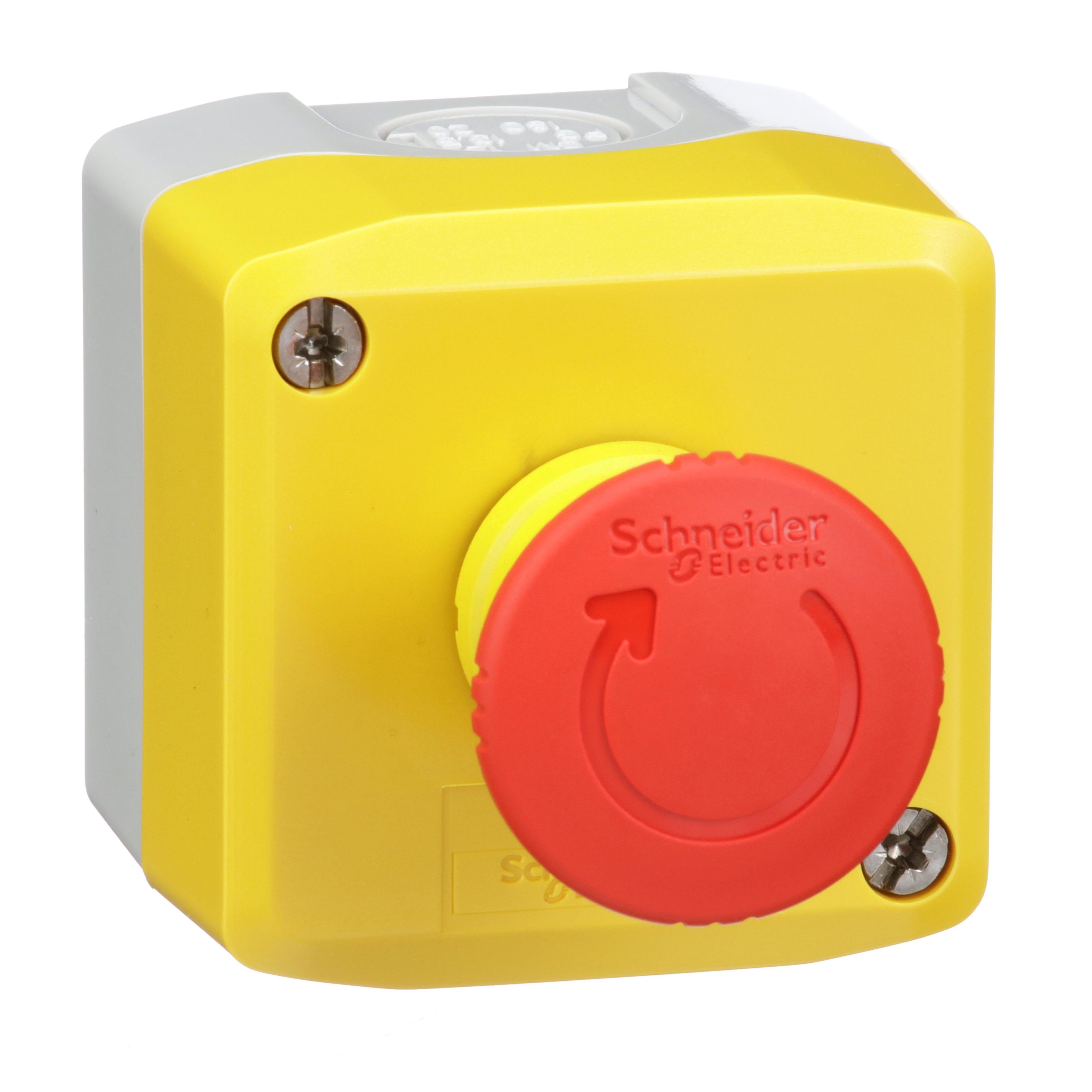 Picture of XALK178H7 - Harmony, yellow control station, red mushroom head push button, 40 mm turn to release, 1 NC
