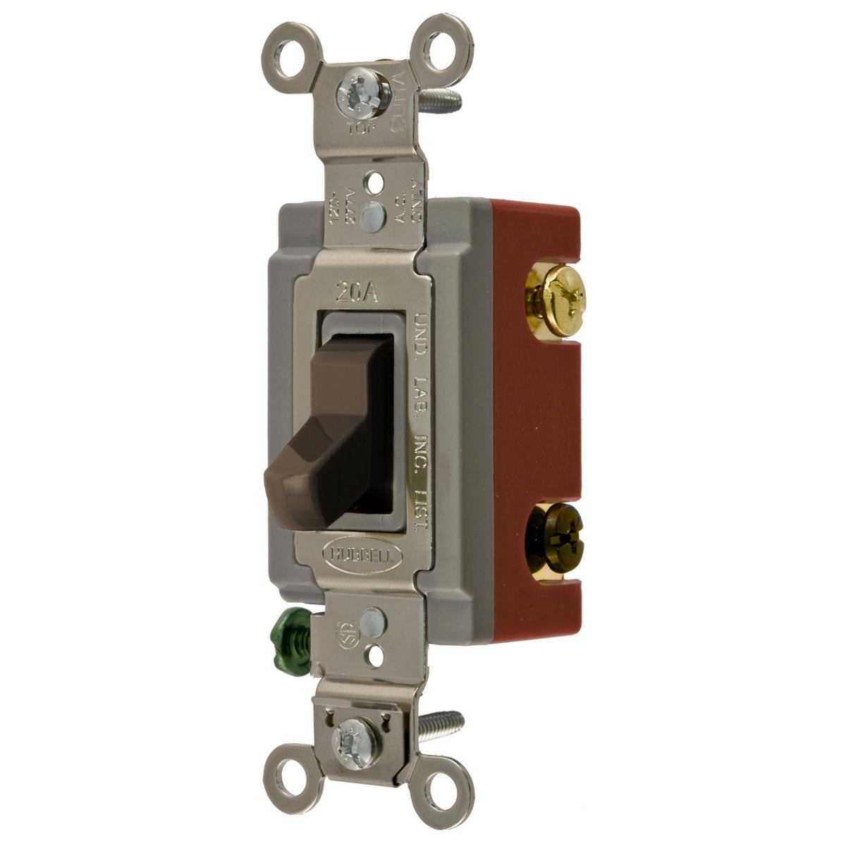 HBL1223 - Switches and Lighting Controls, Extra Heavy Duty Industrial Grade, Toggle Switches, General Purpose AC, Three Way, 20A 120/277V AC, Back and Side Wired, Brown Toggle