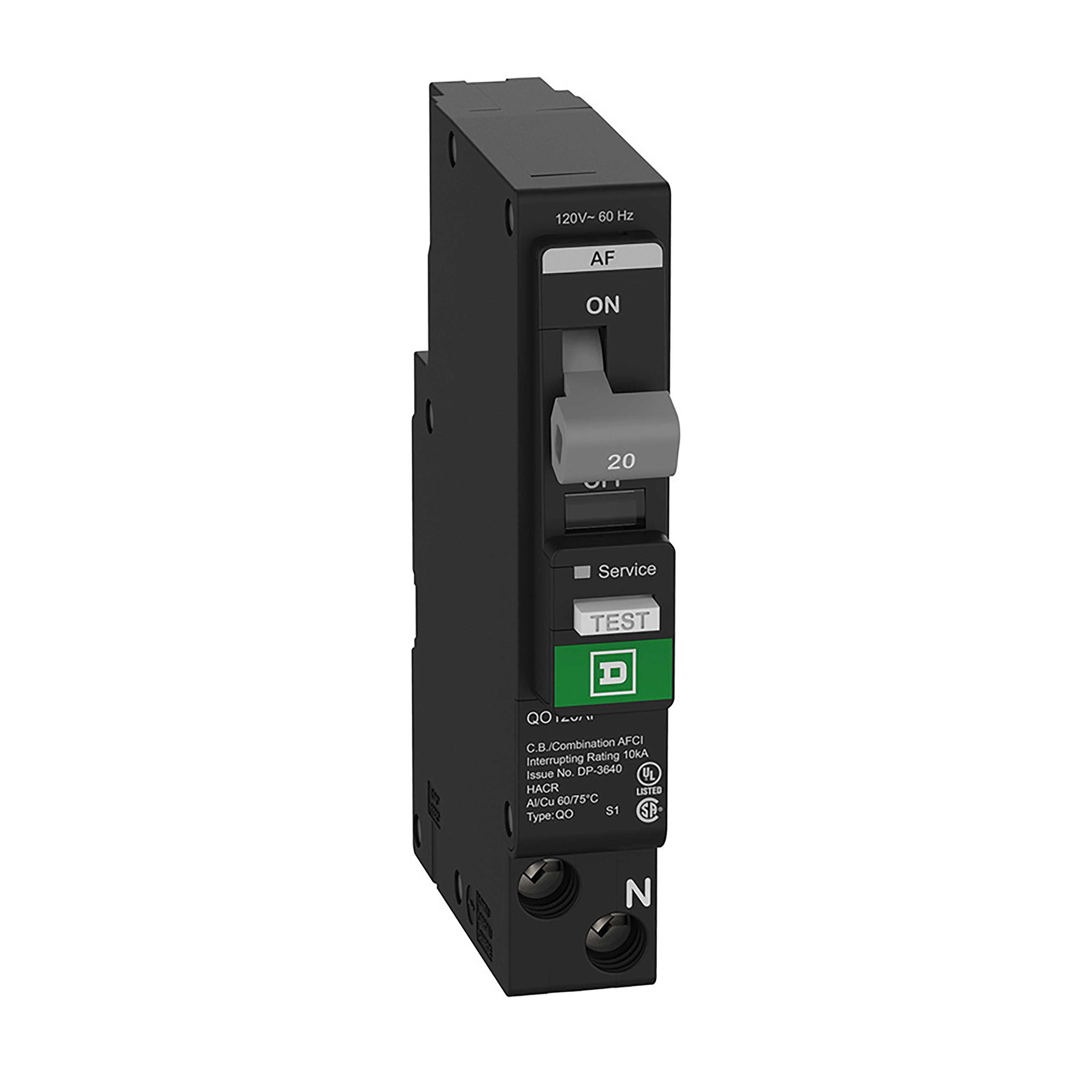 Picture of QO120PAF - [TAA] Mini circuit breaker, QO, 20A, 1 pole, 120VAC, 10kA, plug in, combo ARC fault, plug on neutral