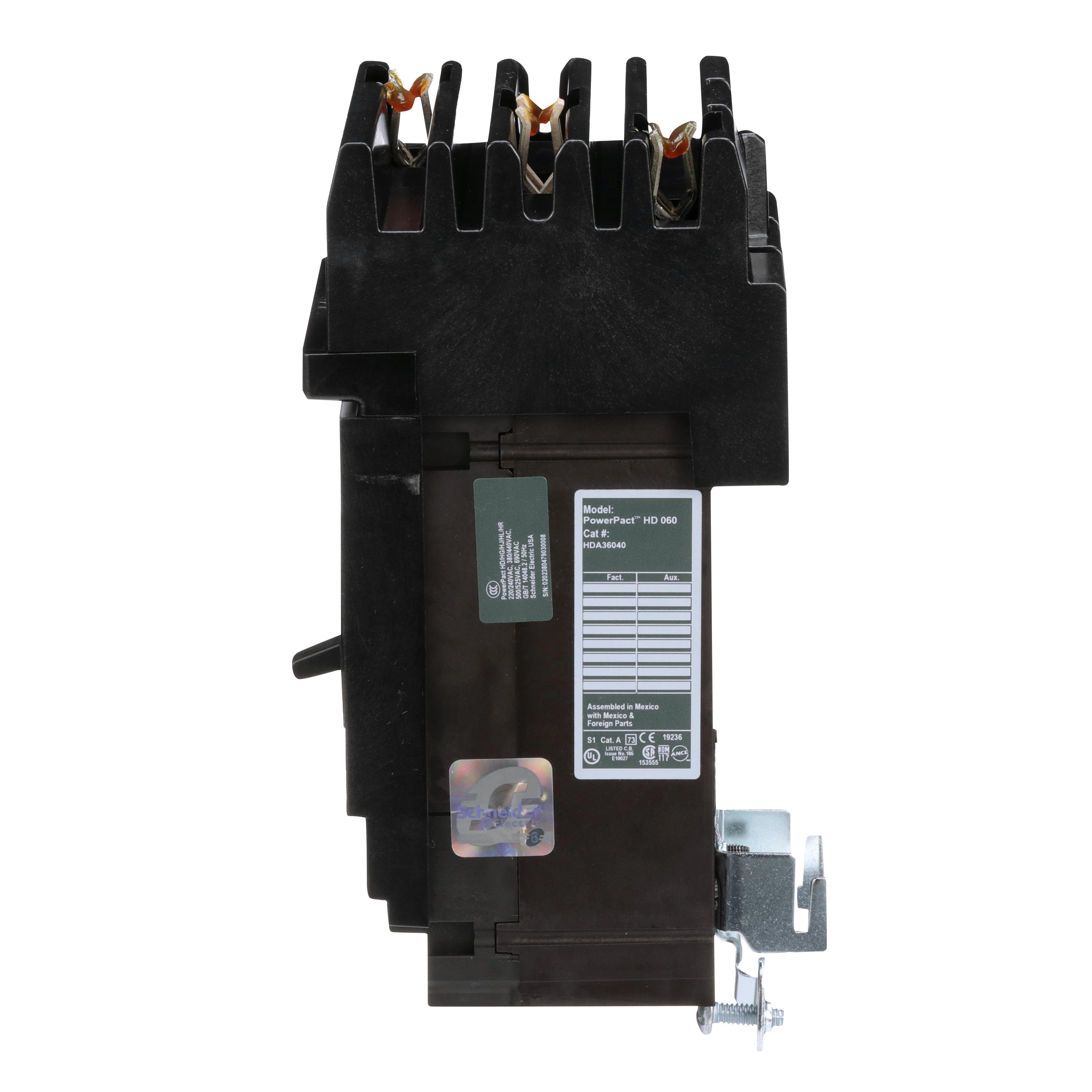 Picture of HDA36040 - Circuit breaker, PowerPacT H, 40A, 3 pole, 600VAC, 14kA, I-Line, thermal magnetic, 80%, ABC