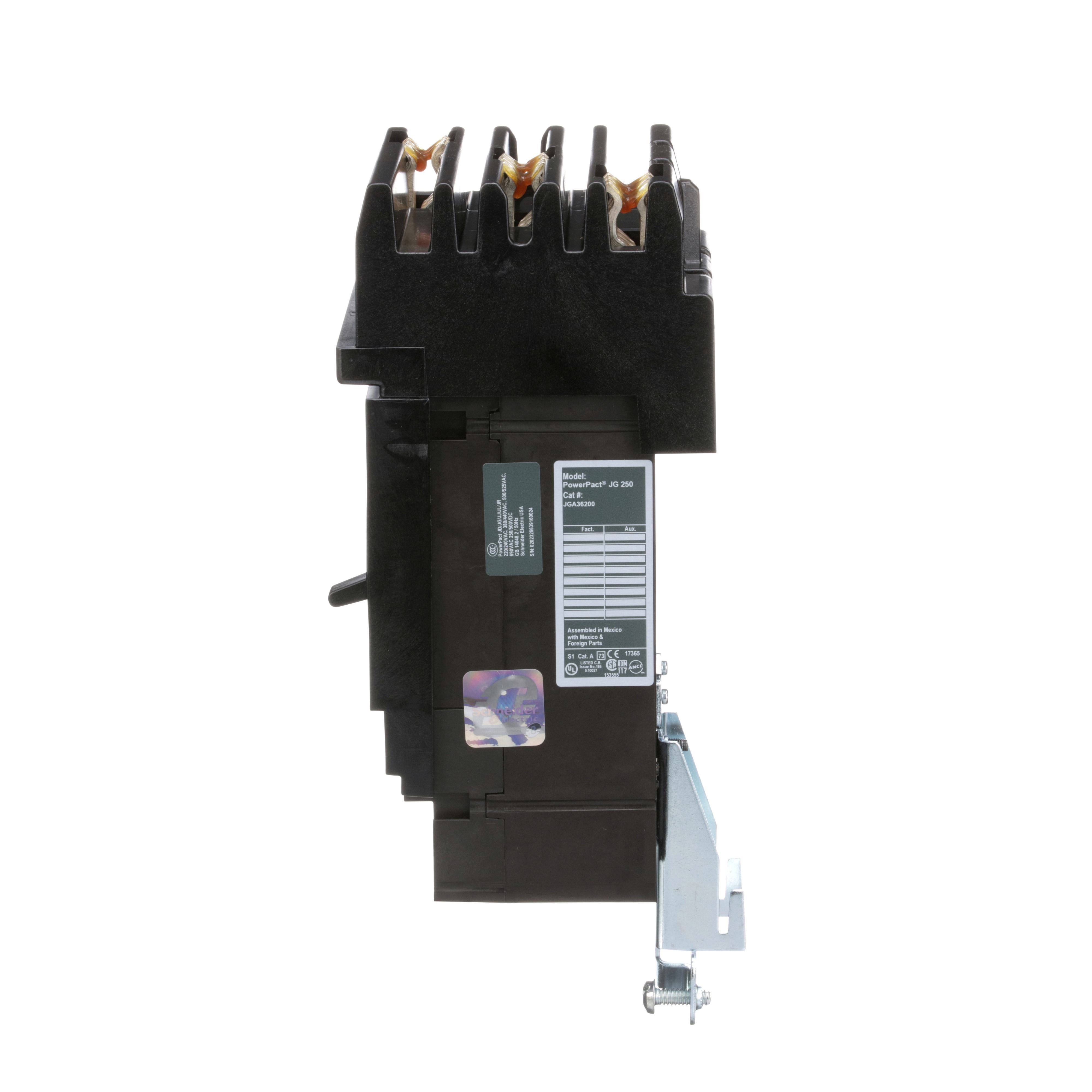Picture of JGA36200 - Circuit breaker, PowerPacT J, 200A, 3 pole, 600VAC, 18kA, I-Line, thermal magnetic, 80%, ABC