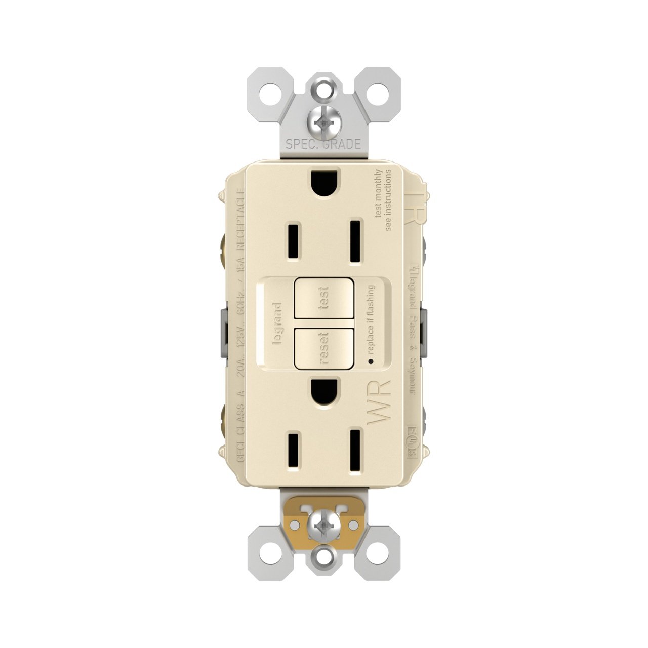 1597-TRWRLA - radiant® Tamper-Resistant Weather-Resistant 15A Duplex Self-Test GFCI Receptacles with SafeLock® Protection, Light Almond