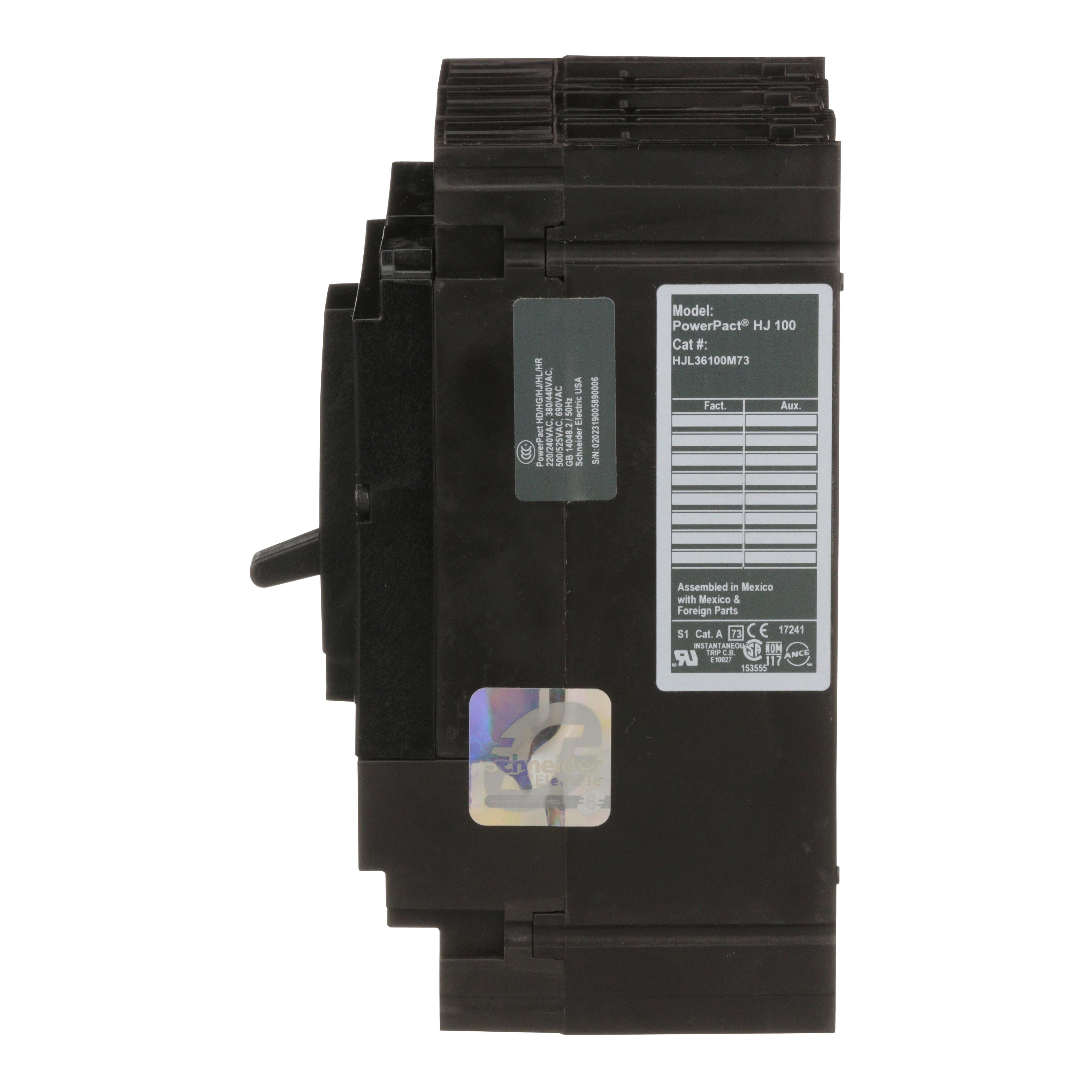 Picture of HJL36100M73 - Motor circuit protector, PowerPacT H, 100A, 3 pole, 600VAC, 25kA, lugs, thermal magnetic, 80%