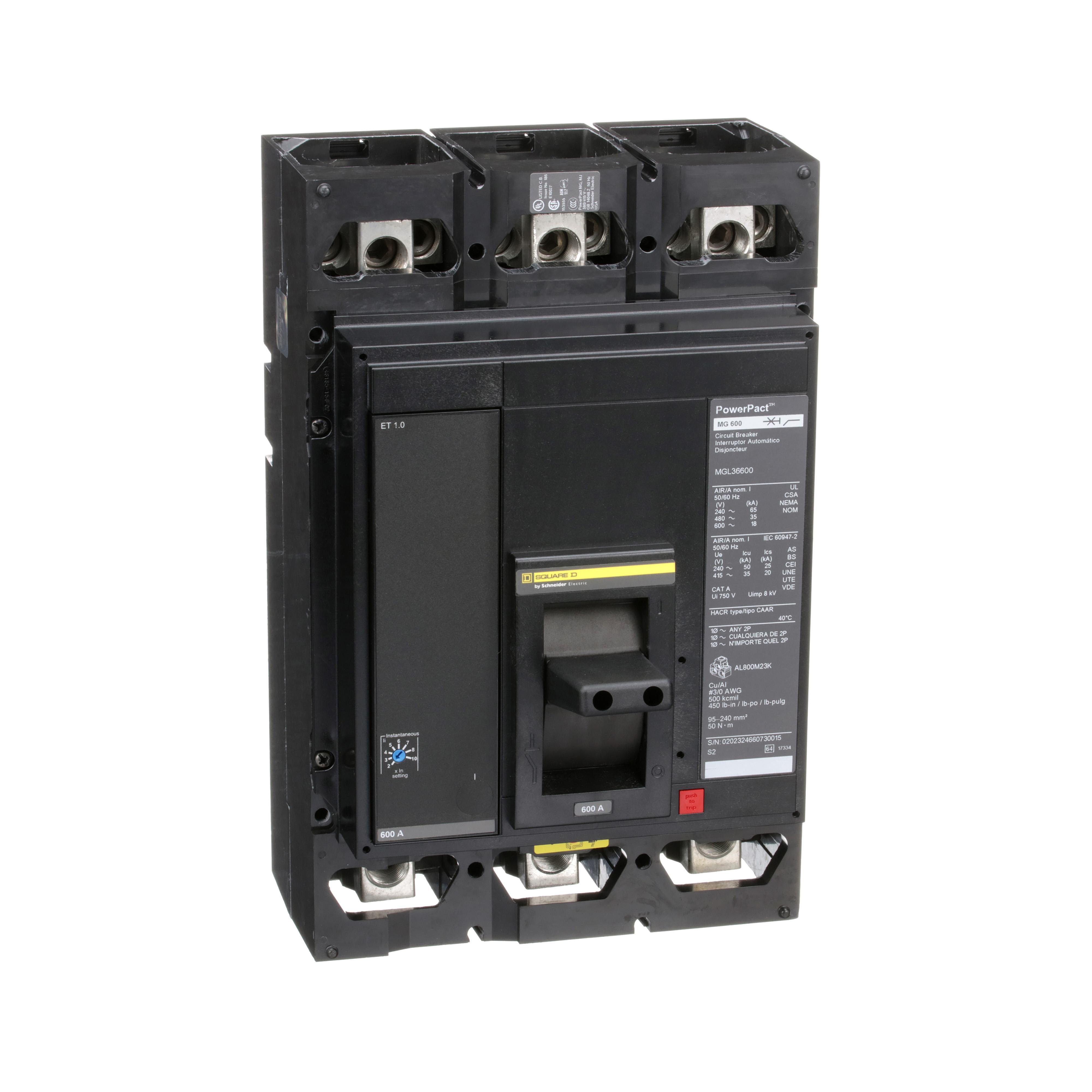 MGL36600 - Circuit breaker, PowerPacT M, 600A, 3 pole, 600VAC, 18kA, lugs, ET 1.0, 80%