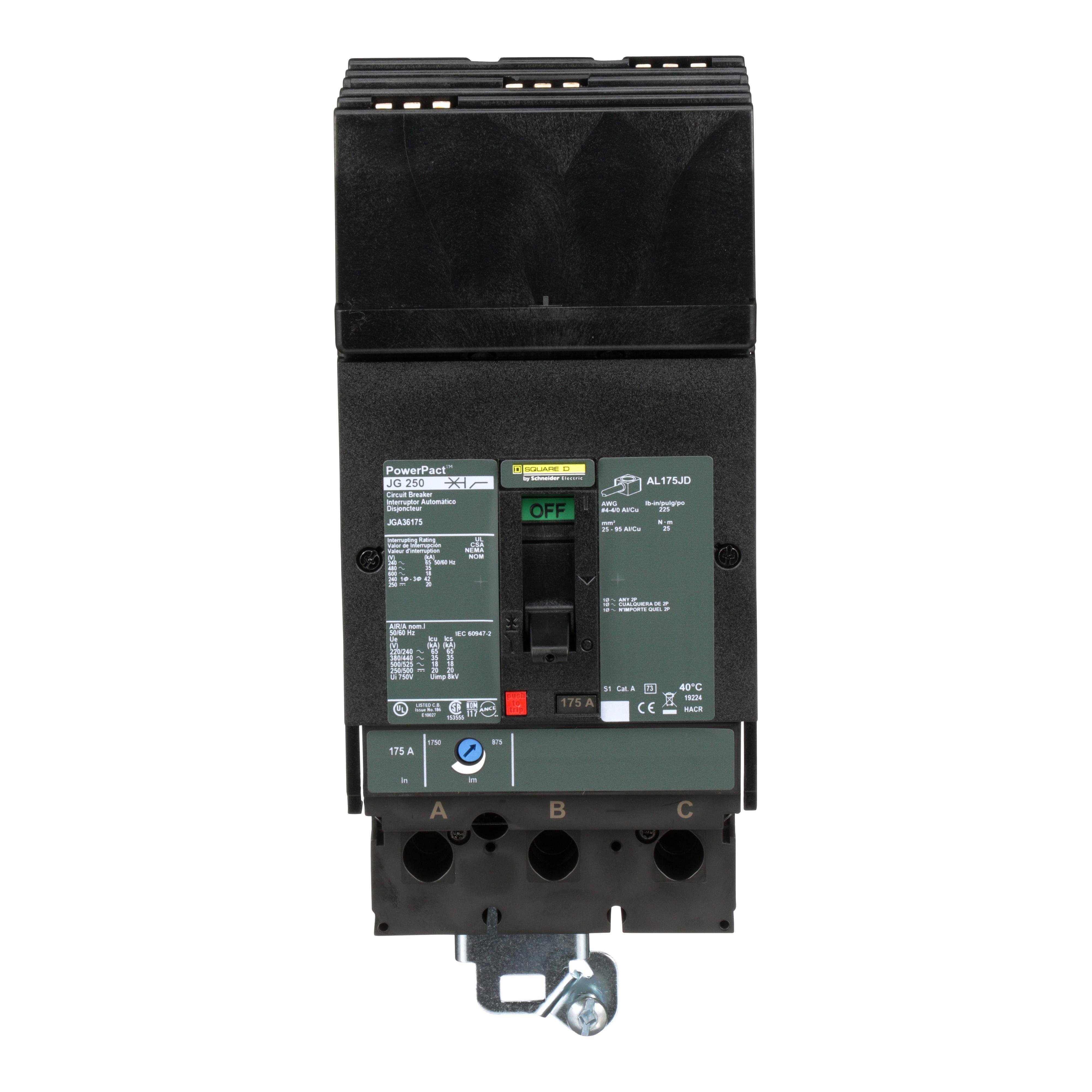 Picture of JGA36175 - Circuit breaker, PowerPacT J, 175A, 3 pole, 600VAC, 18kA, I-Line, thermal magnetic, 80%, ABC