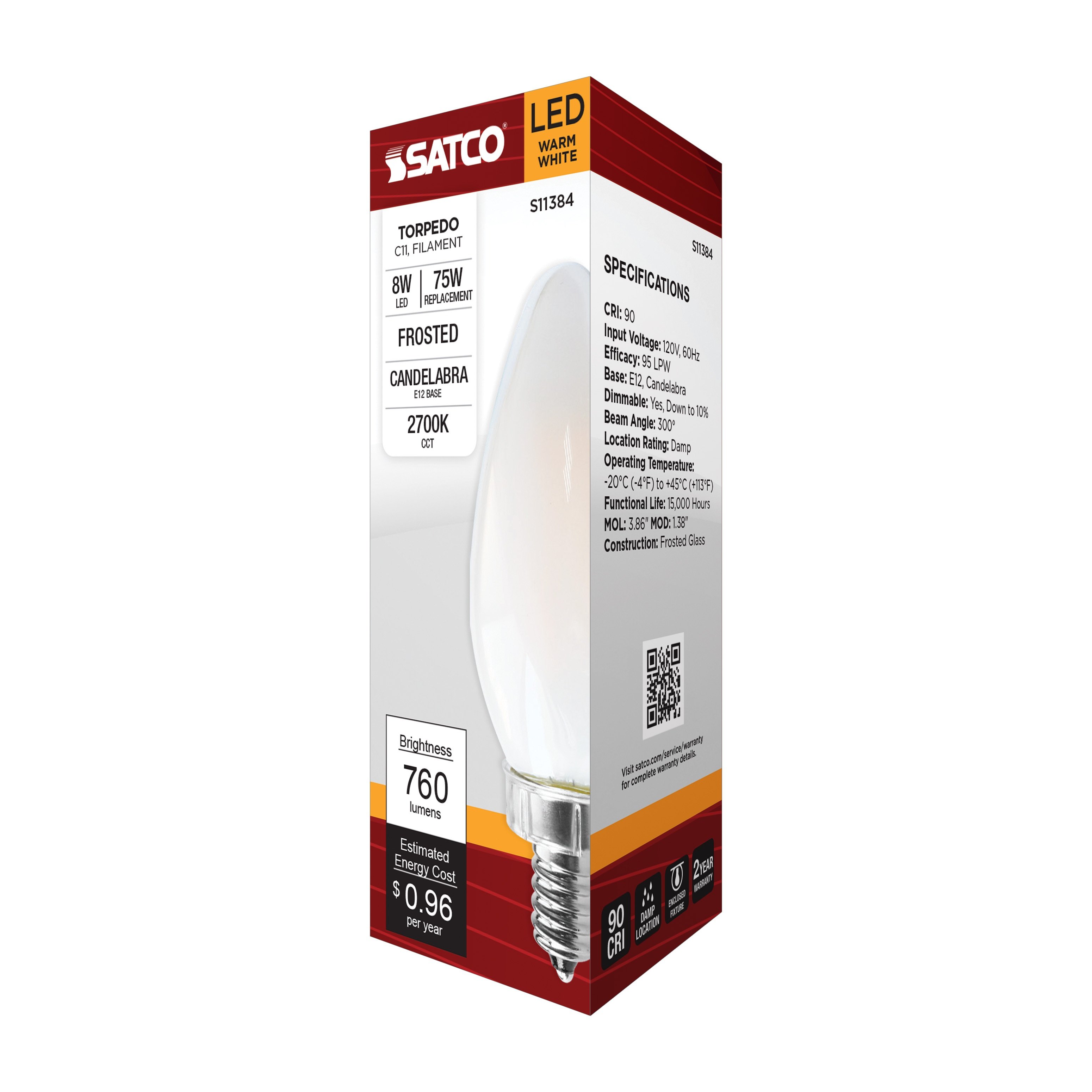 Picture of S11384 - 8 Watt C11 LED - Frosted - Candelabra base - 2700K - 90 CRI - 760 Lumens - 120 Volt