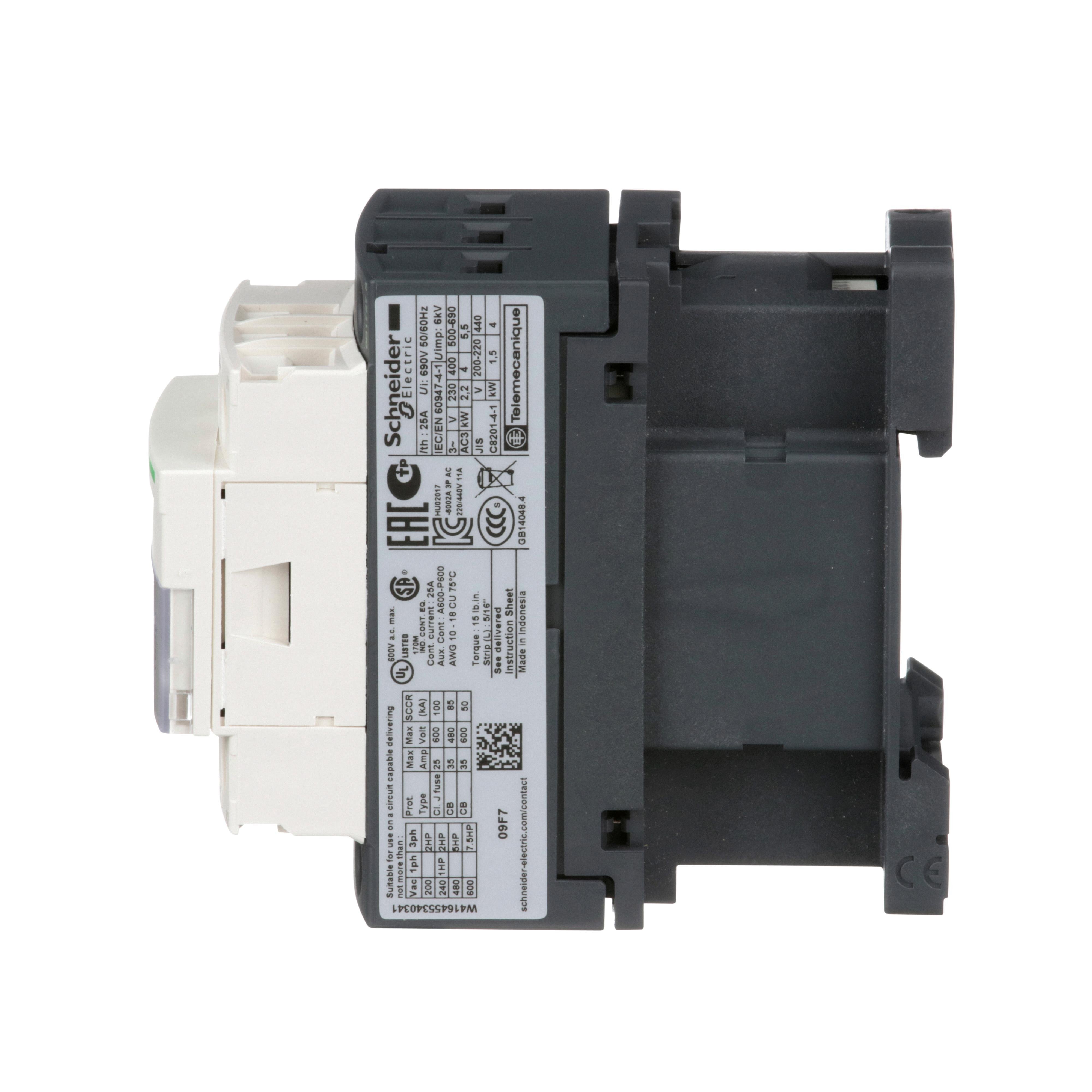 Picture of LC1D09F7 - IEC contactor, TeSys Deca, nonreversing, 9A, 5HP at 480VAC, up to 100kA SCCR, 3 phase, 3 NO, 110VAC 50/60Hz coil, open style