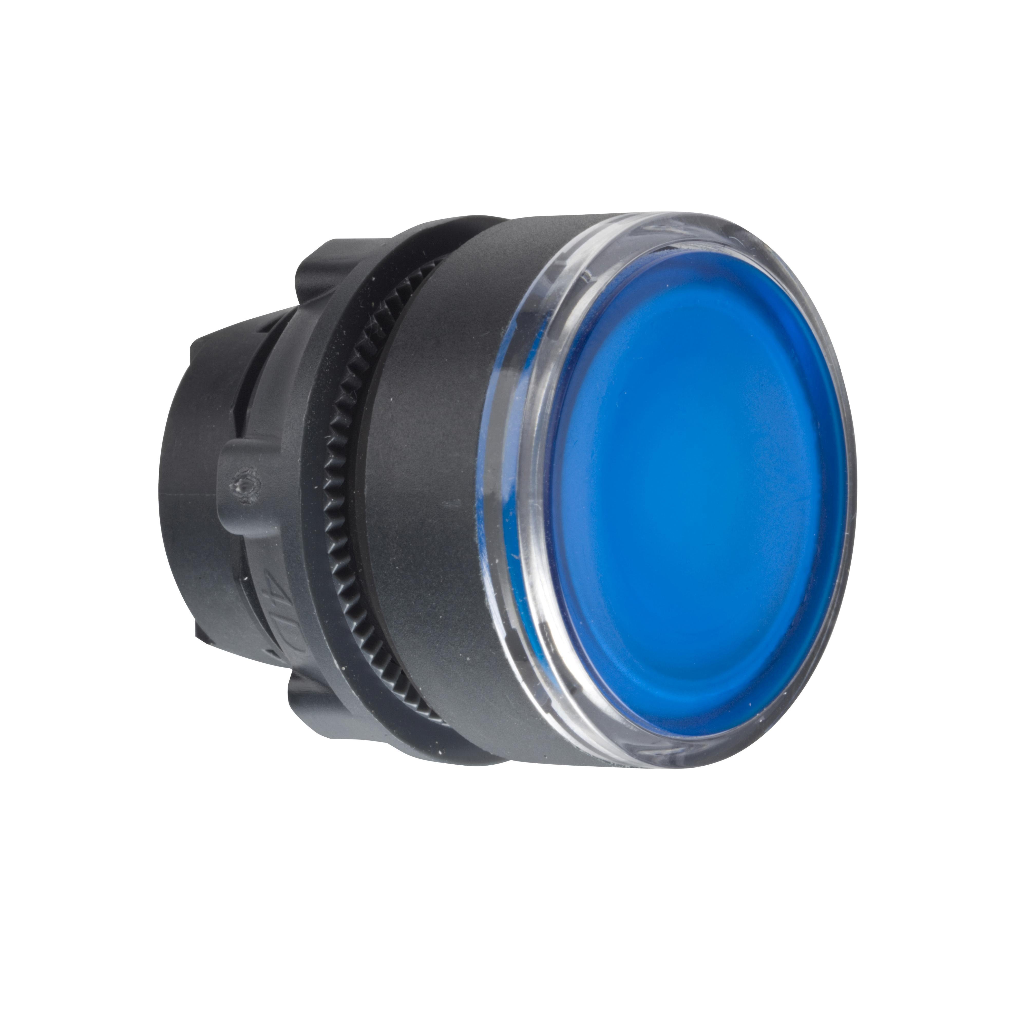 Picture of ZB5AH063 - Head for illuminated push button, Harmony XB5, blue flush, 22mm, universal LED, push to release, unmarked
