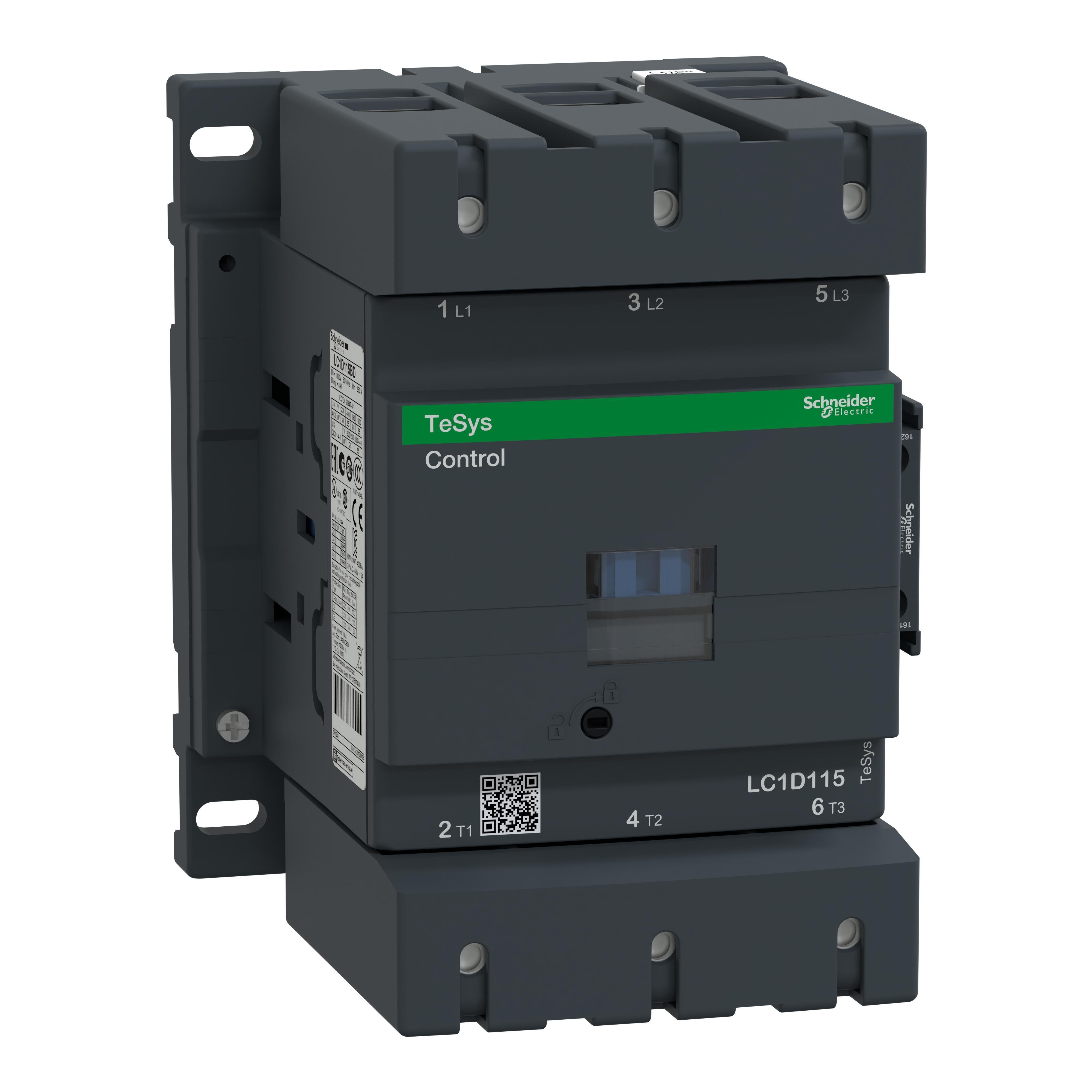 LC1D115BD - IEC contactor, TeSys Deca, nonreversing, 115A, 75HP at 480VAC, up to 100kA SCCR, 3 phase, 3 NO, 24VDC coil, open style