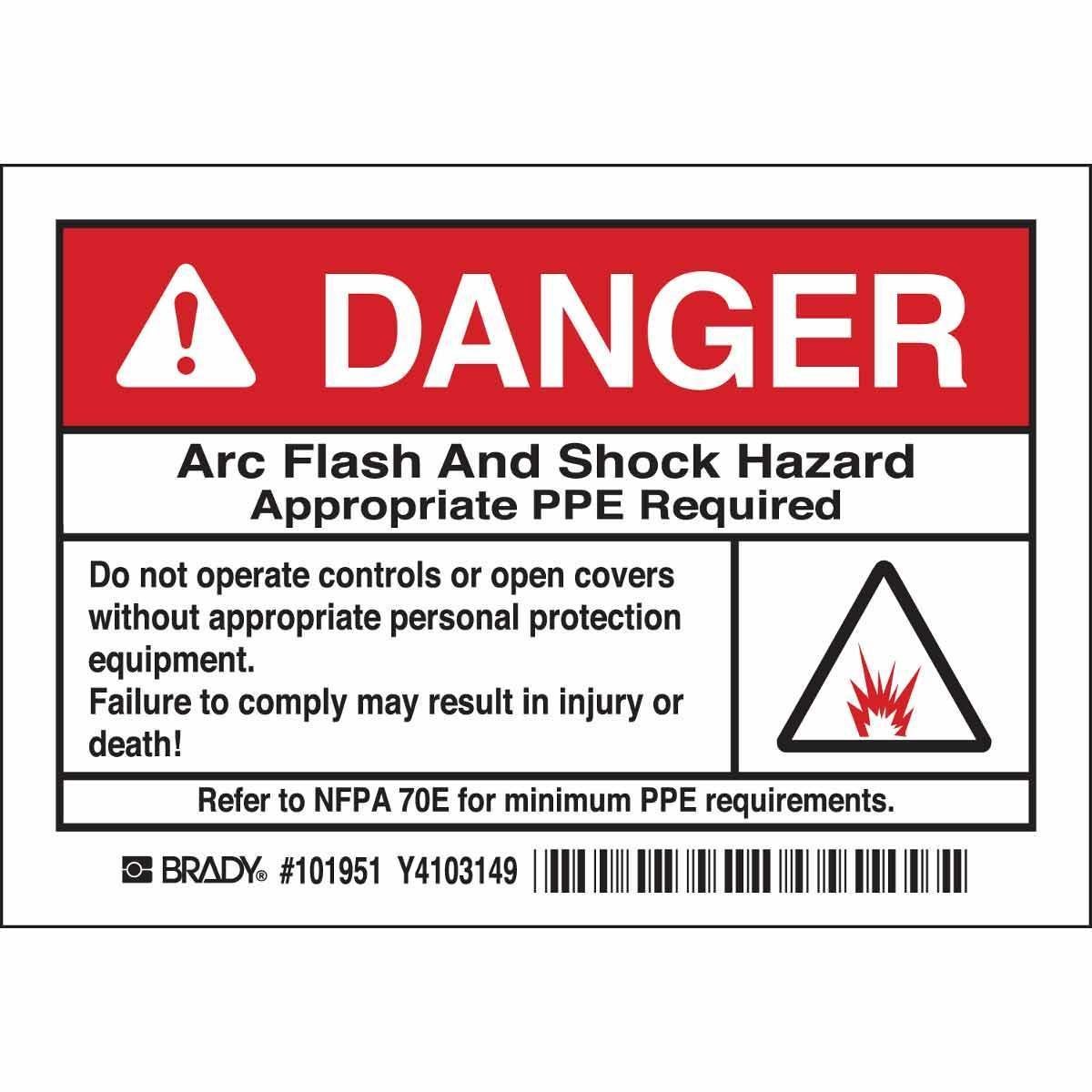 101951 - Arc Flash Labels, DANGER w/Pictogram - Self-Sticking Polyester, 3.5" H x 5" W x 0.006" D, Pack of 5 Labels, Black/Red on White