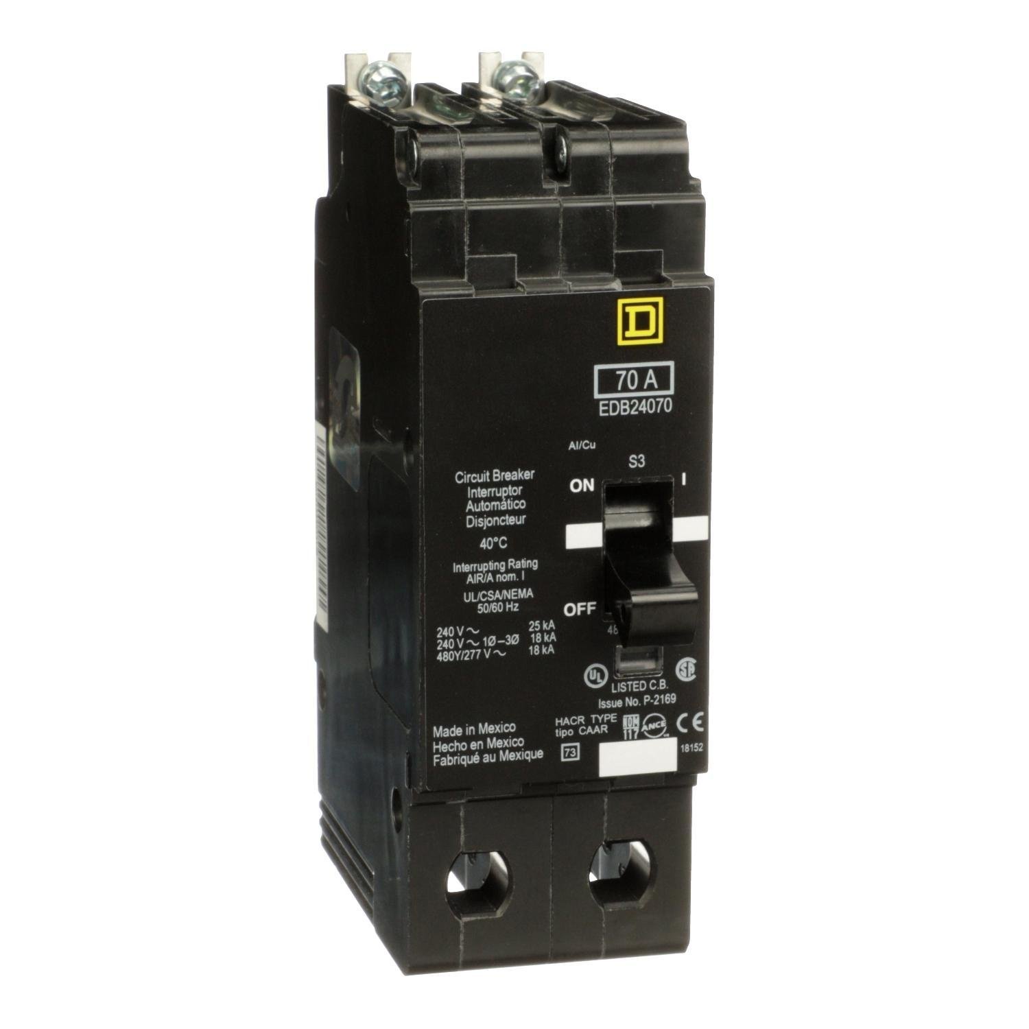 Picture of EDB24070 - Mini circuit breaker, E-Frame, 70A, 2 pole, 480Y/277VAC, 25kA max, bolt on [TAA]