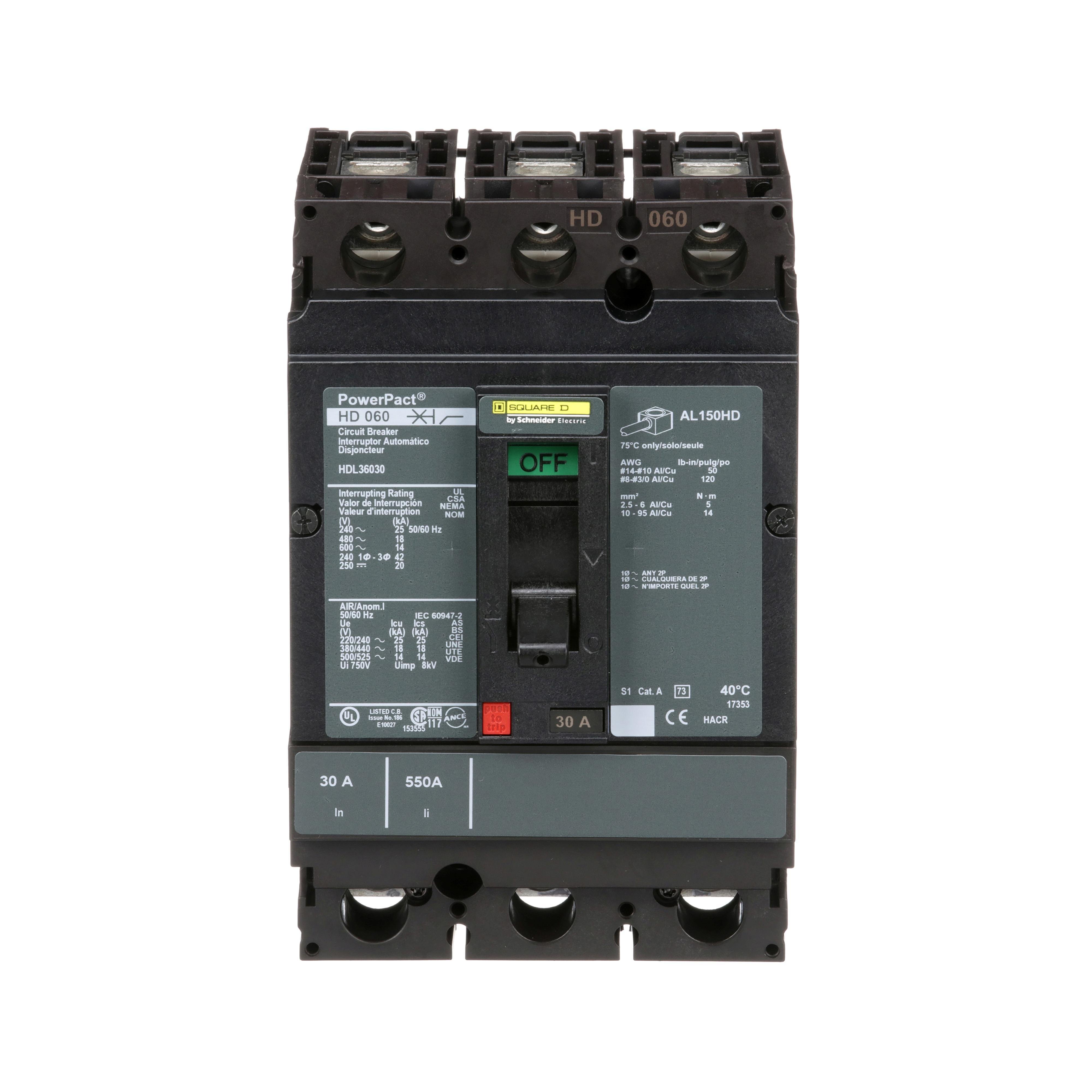 Picture of HDL36030 - Circuit breaker, PowerPacT H, 30A, 3 pole, 600VAC, 14kA, lugs, thermal magnetic, 80%