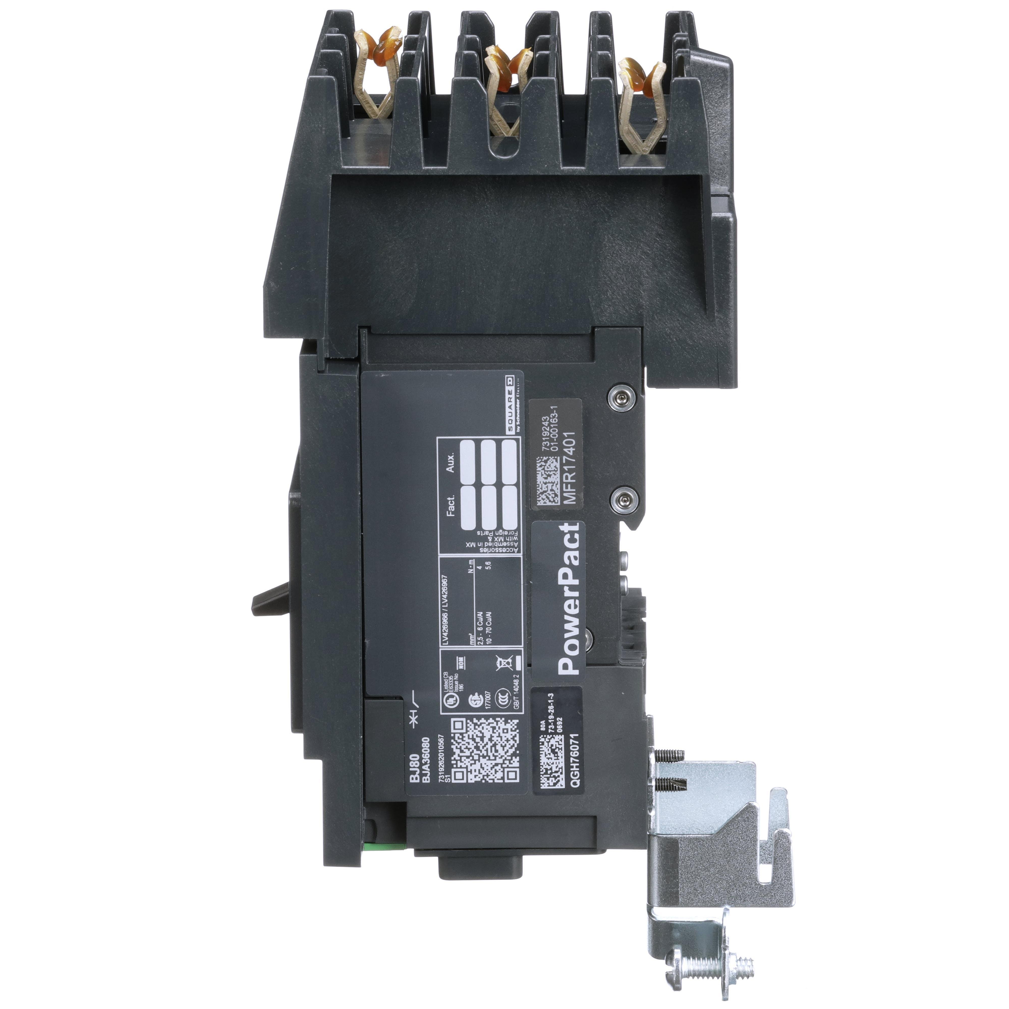 Picture of BJA36080 - Circuit breaker, PowerPacT B, 80A, 3 pole, 600Y/347VAC, 25kA, I-Line, thermal magnetic, 80%, ABC