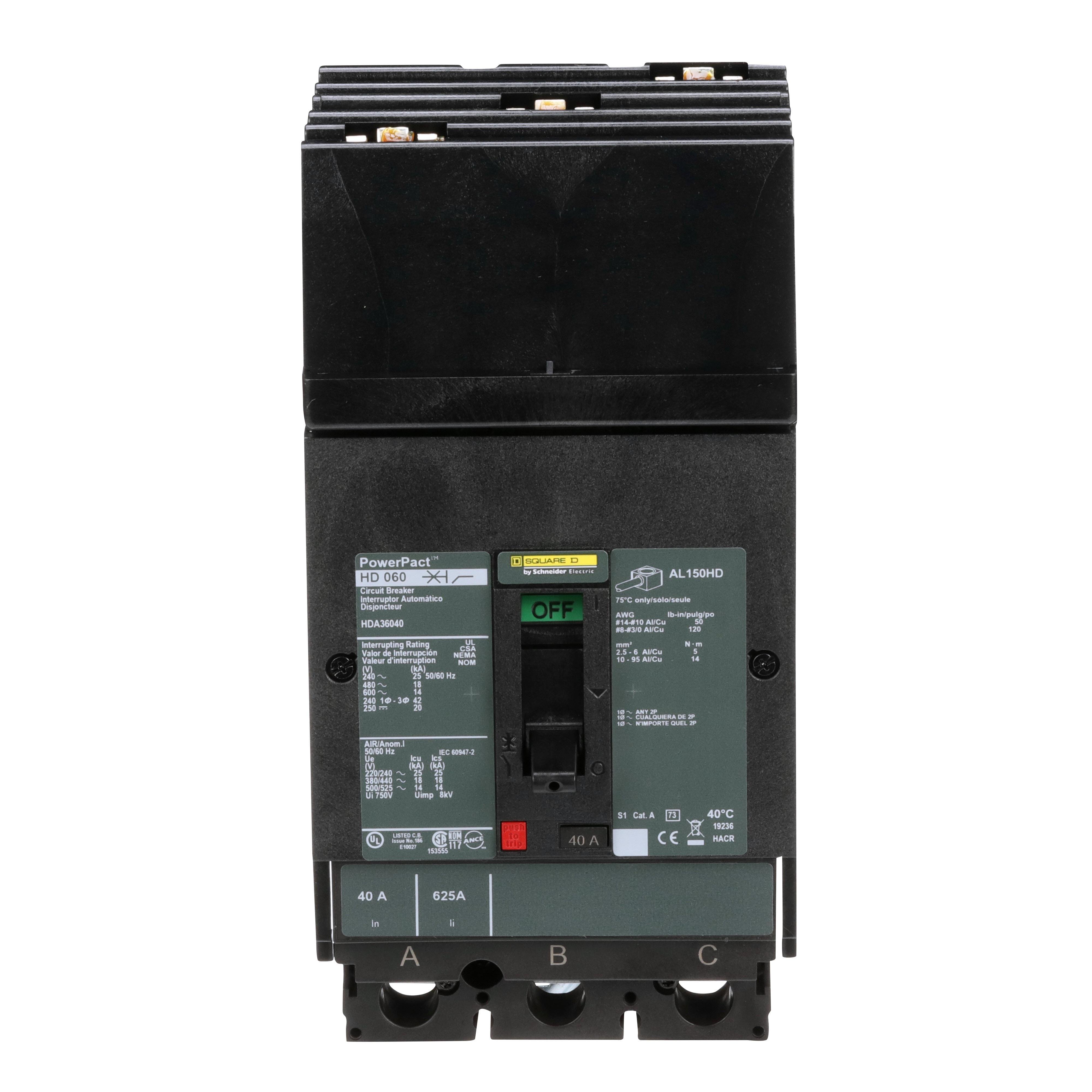 Picture of HDA36040 - Circuit breaker, PowerPacT H, 40A, 3 pole, 600VAC, 14kA, I-Line, thermal magnetic, 80%, ABC