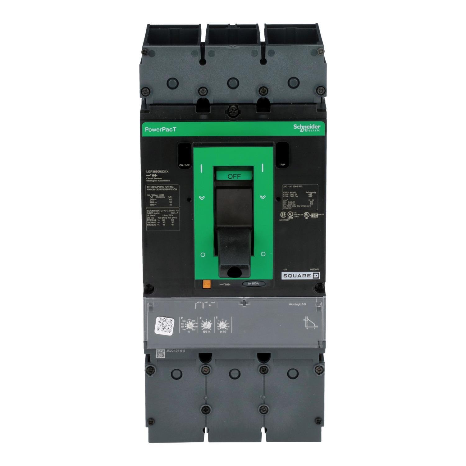 LGP36600U31X - Circuit breaker, PowerPacT L, 600A, 3 pole, 600VAC, 18kA, lugs, MicroLogic 3.3, 80%