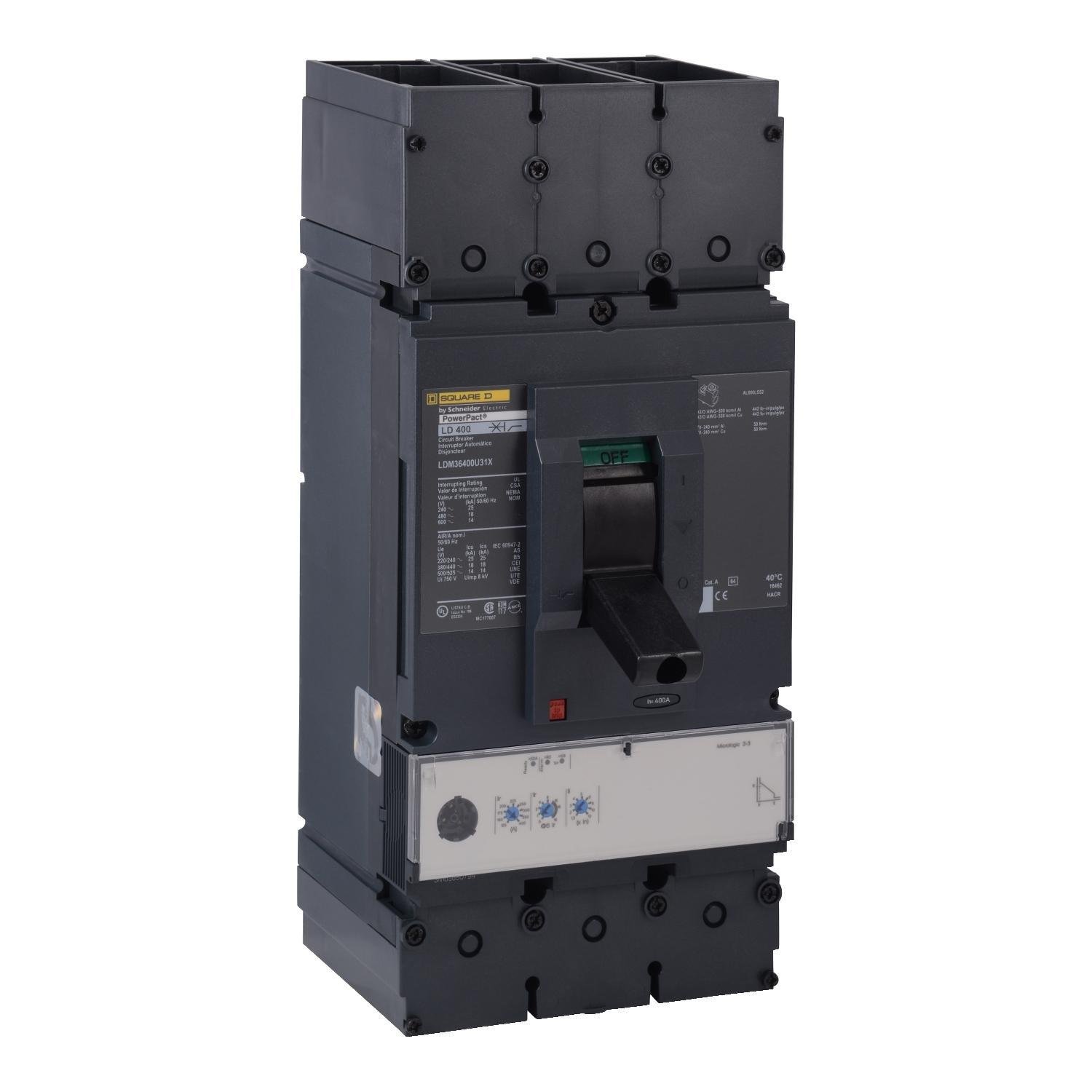 LJM36400U31X - Circuit breaker, PowerPacT L, 400A, 3 pole, 600VAC, 25kA, lugs, MicroLogic 3.3, 80%