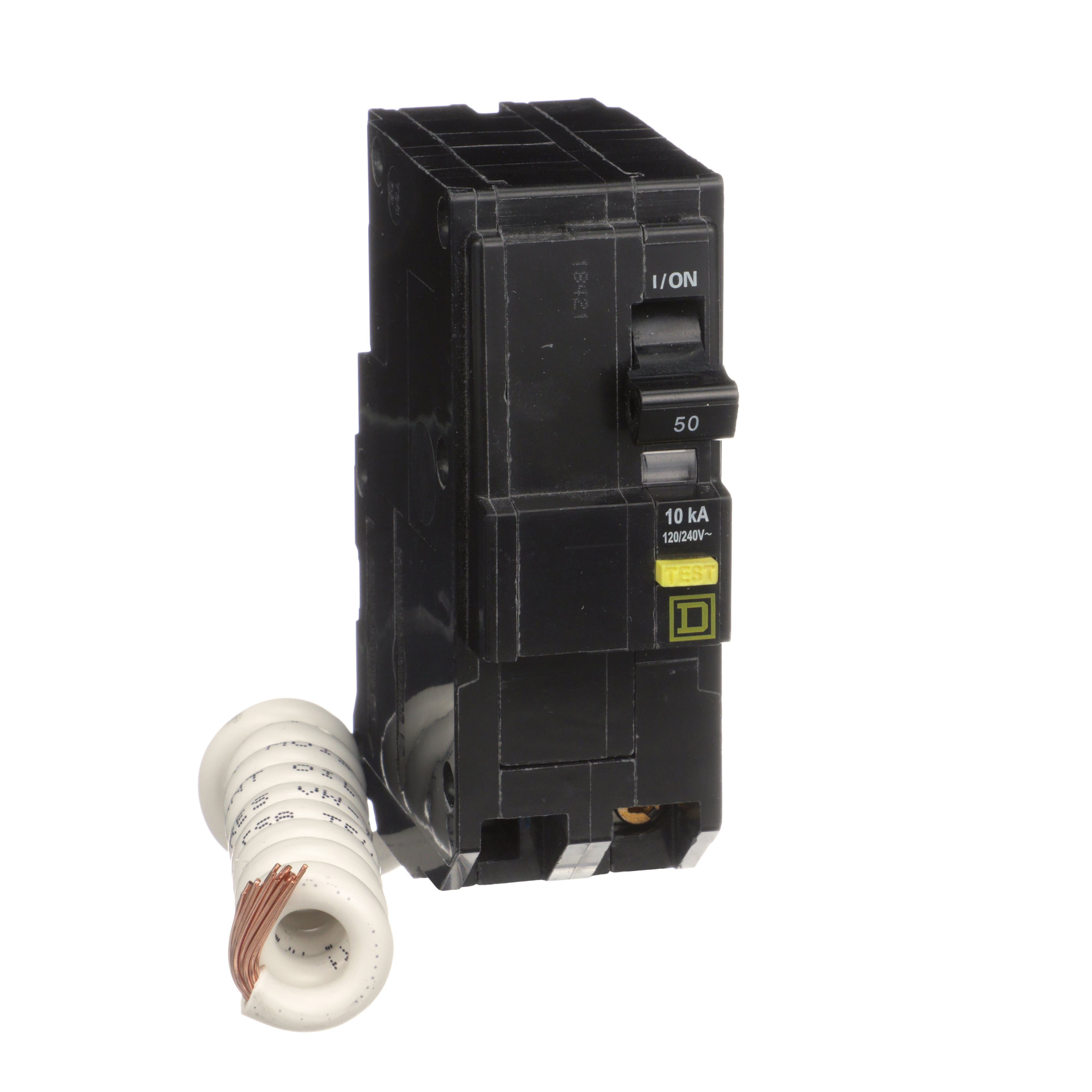 QO250GFIC - Mini circuit breaker, QO, 50A, 2 pole, 120/240VAC, 10kA, plug in, 6mA grd fault A, pigtail, clam [TAA]