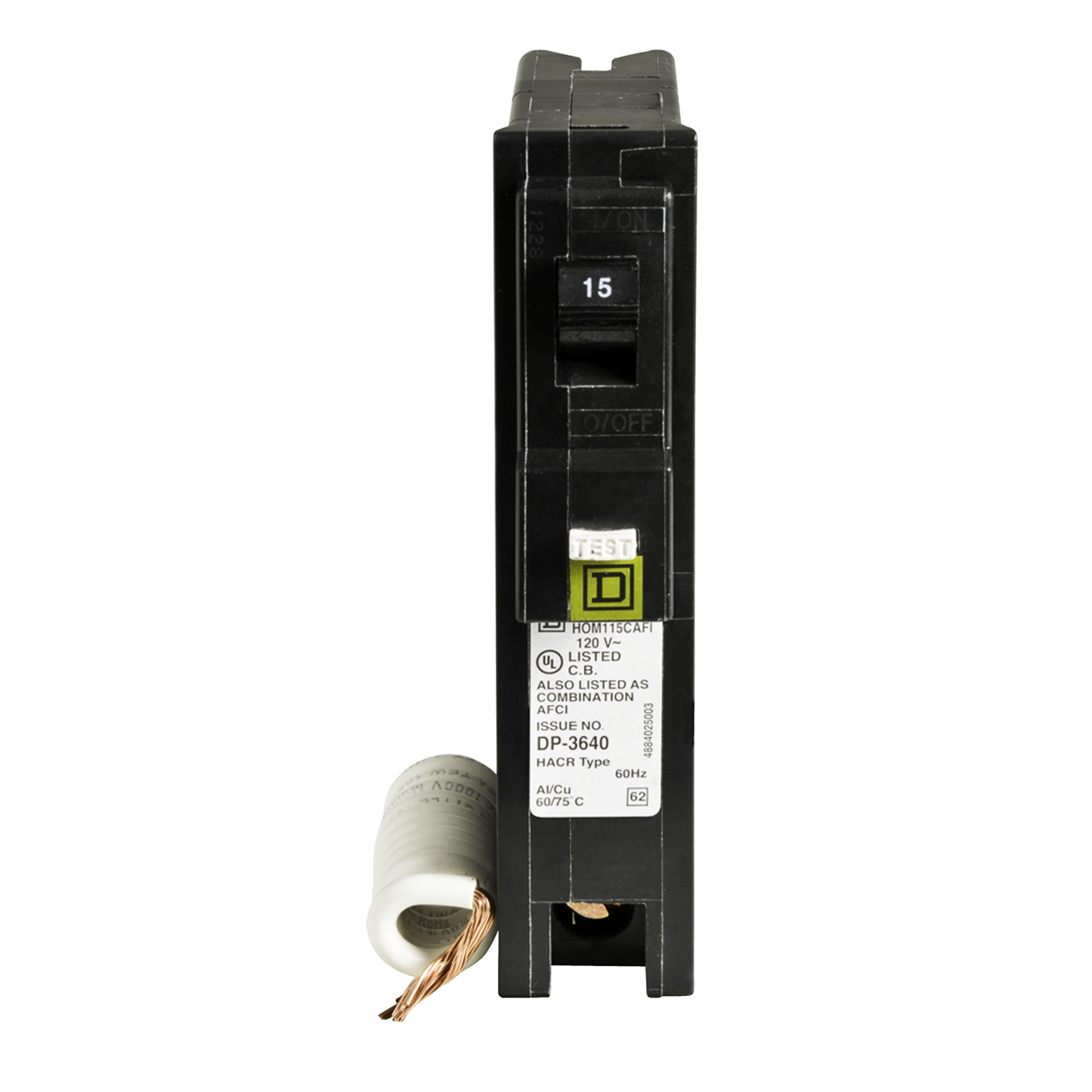 Picture of HOM115CAFI - Mini circuit breaker, Homeline, 15A, 1 pole, 120VAC, 10kA AIR, combo arc fault, pigtail neutral, plug in, UL
