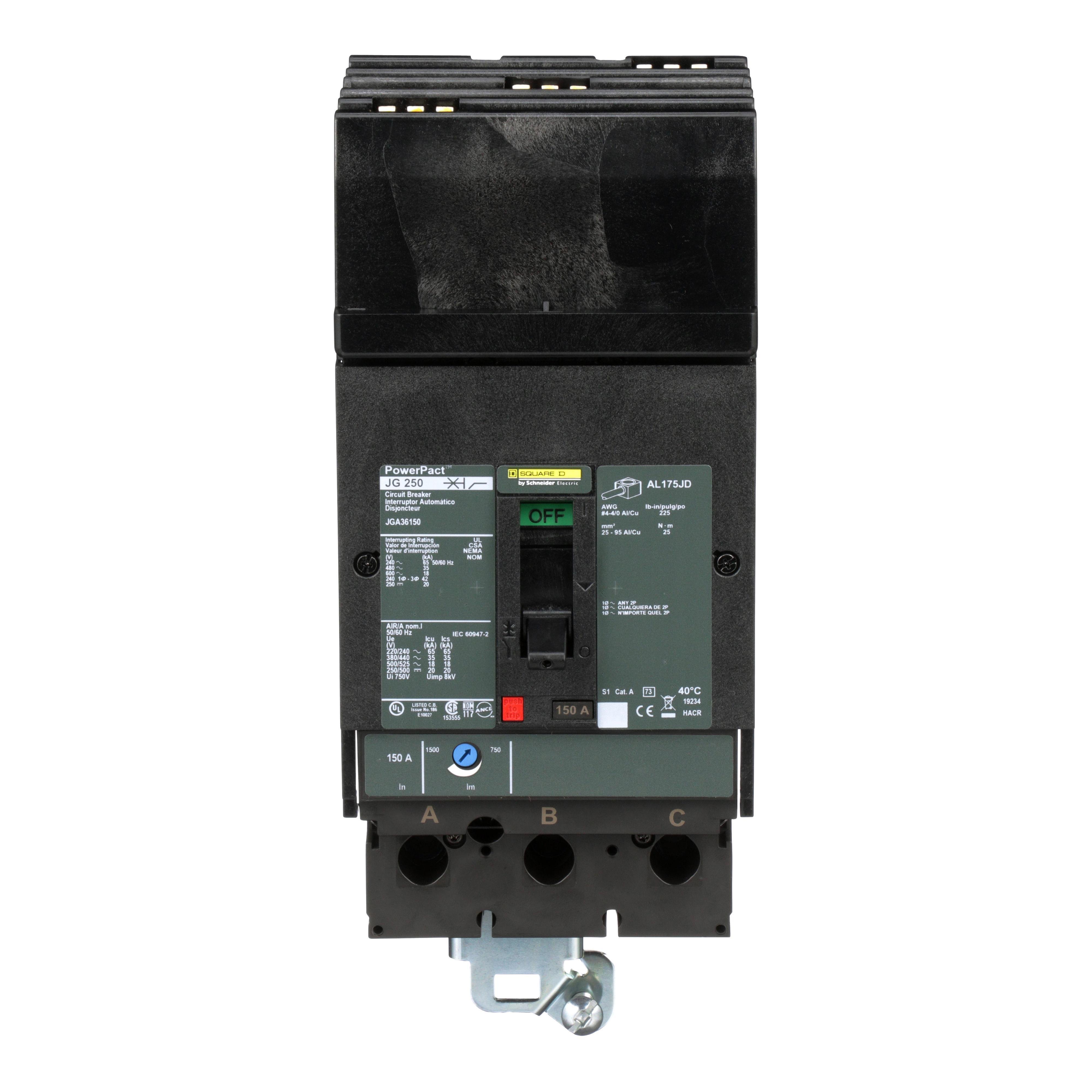 Picture of JGA36150 - Circuit breaker, PowerPacT J, 150A, 3 pole, 600VAC, 18kA, I-Line, thermal magnetic, 80%, ABC