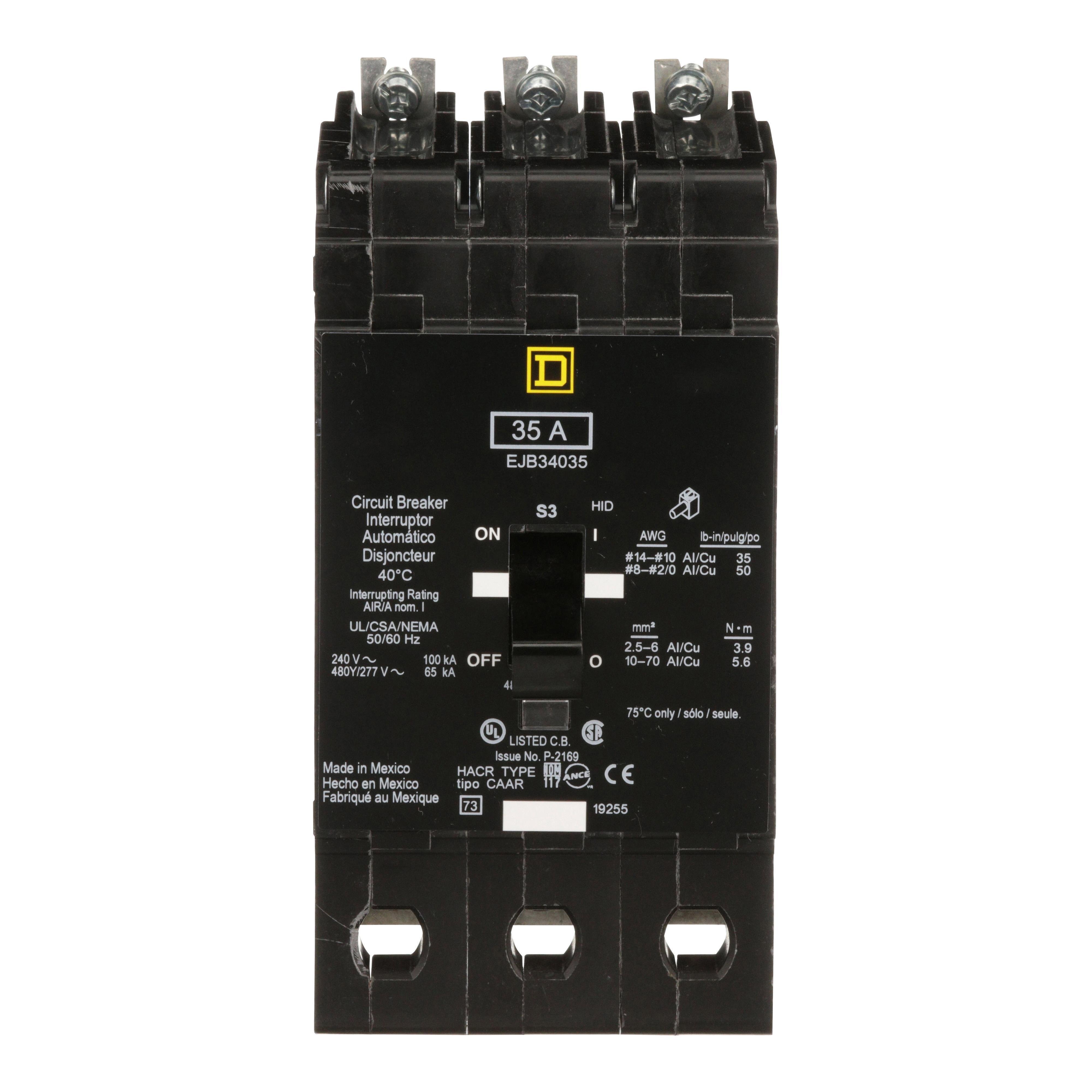 EJB34035 - [TAA] Mini circuit breaker, E-Frame, 35A, 3 pole, 480Y/277VAC, 100kA max, bolt on