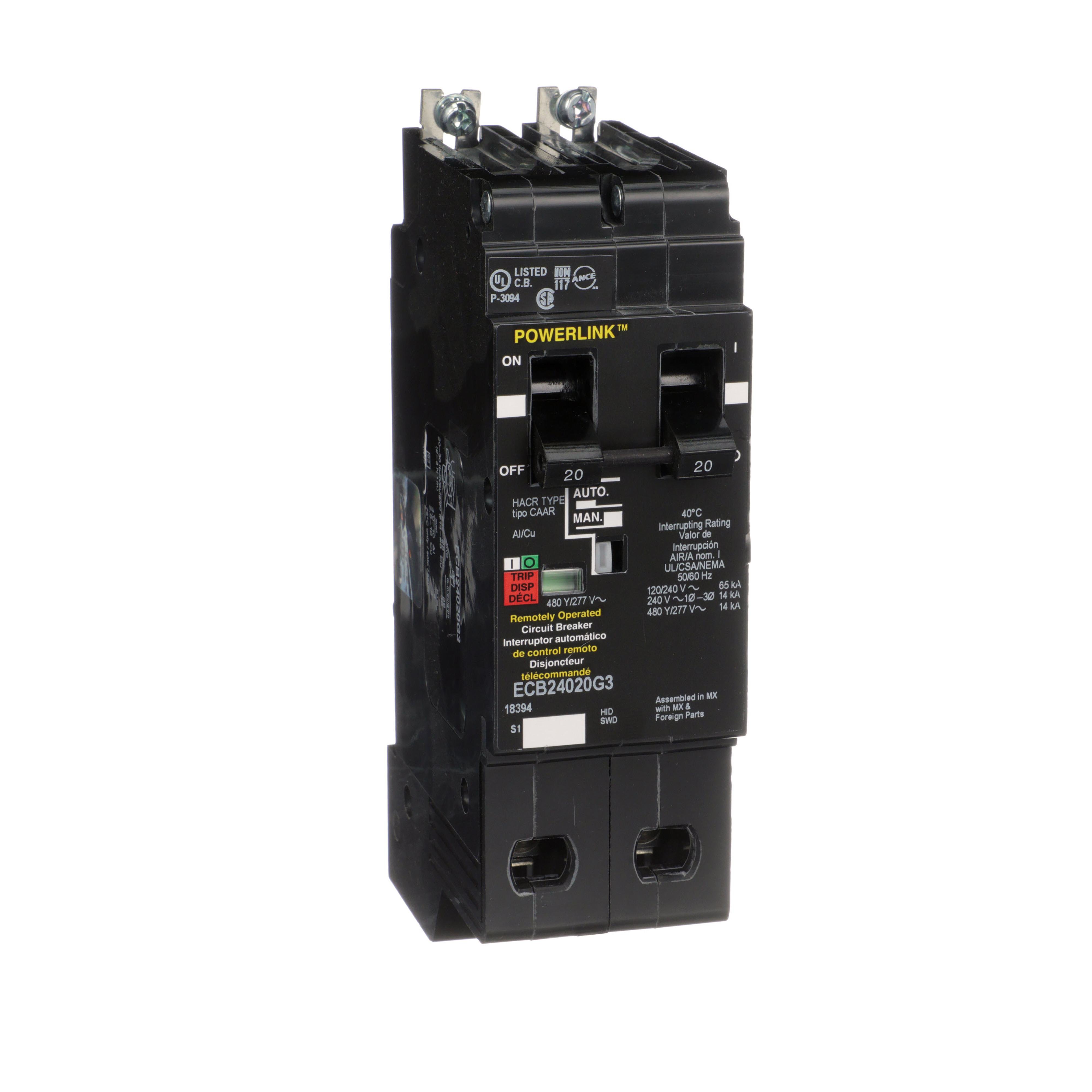 ECB24020G3 - Circuit Breaker, PowerLink™, 20A, 2 pole, 480Y/277VAC, 14kA, remotely operated, bolt on mount [TAA]