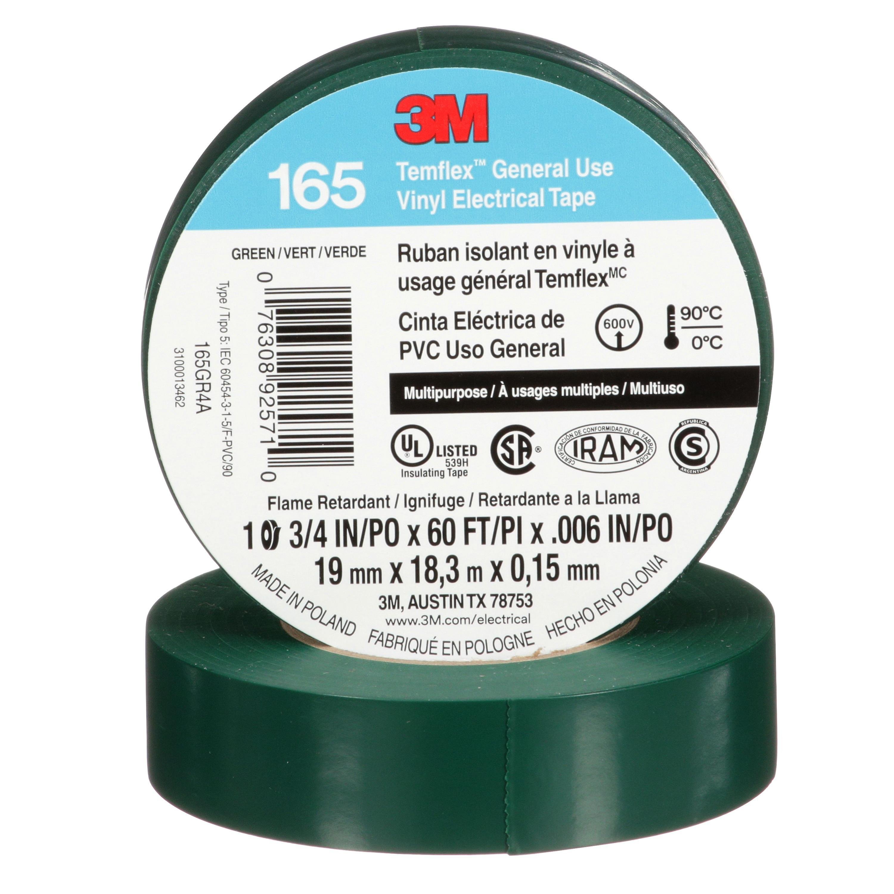 7100169430 - 3M™ Temflex™ Vinyl Electrical Tape 165, Green, 3/4 in x 60 ft (19 mm x 18 m), 6 mil, 100 Rolls/Case