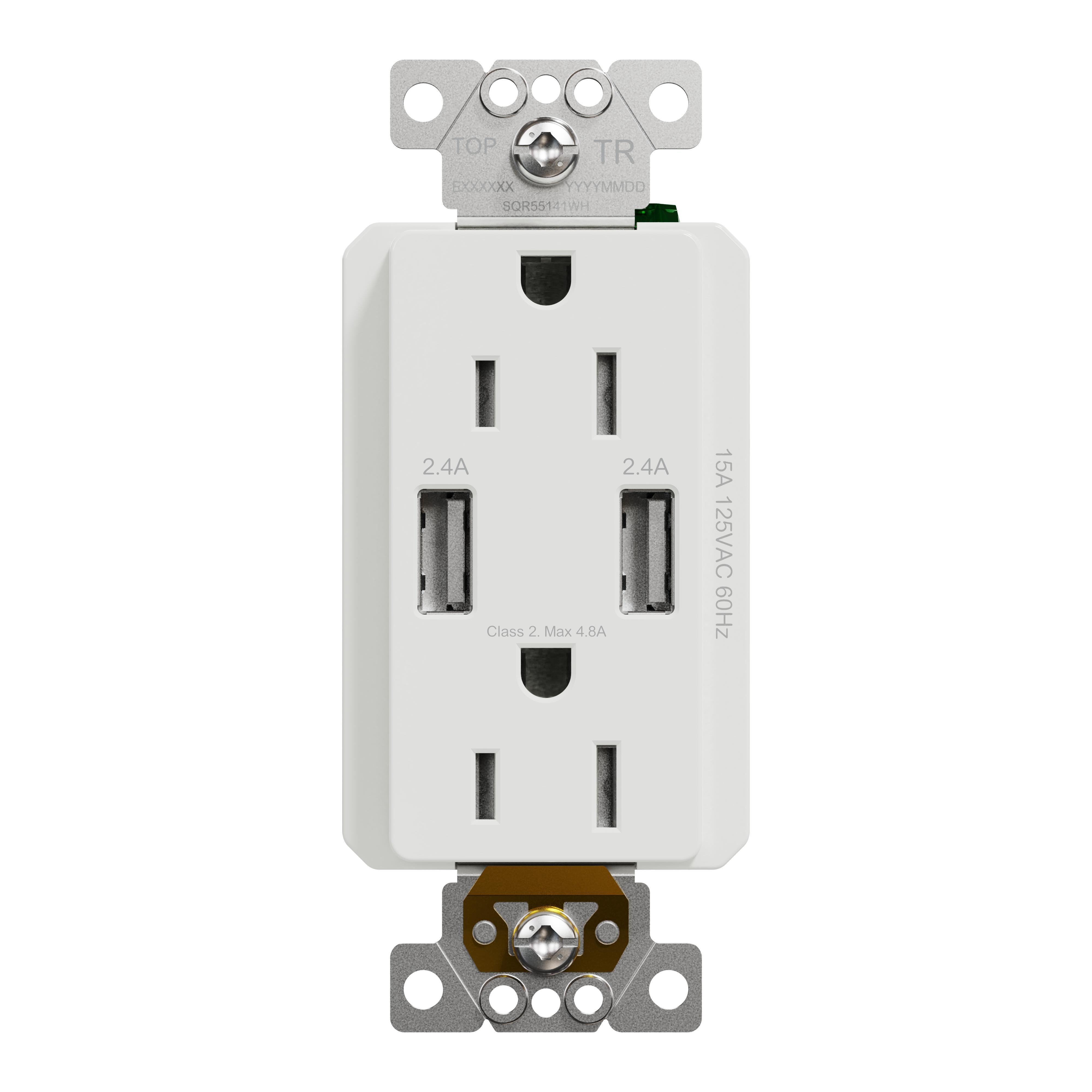 SQR55141WH - USB charger + socket-outlet, X Series, 15A socket, 4.8A USB A/A, duplex, tamper resistant, white, matte finish