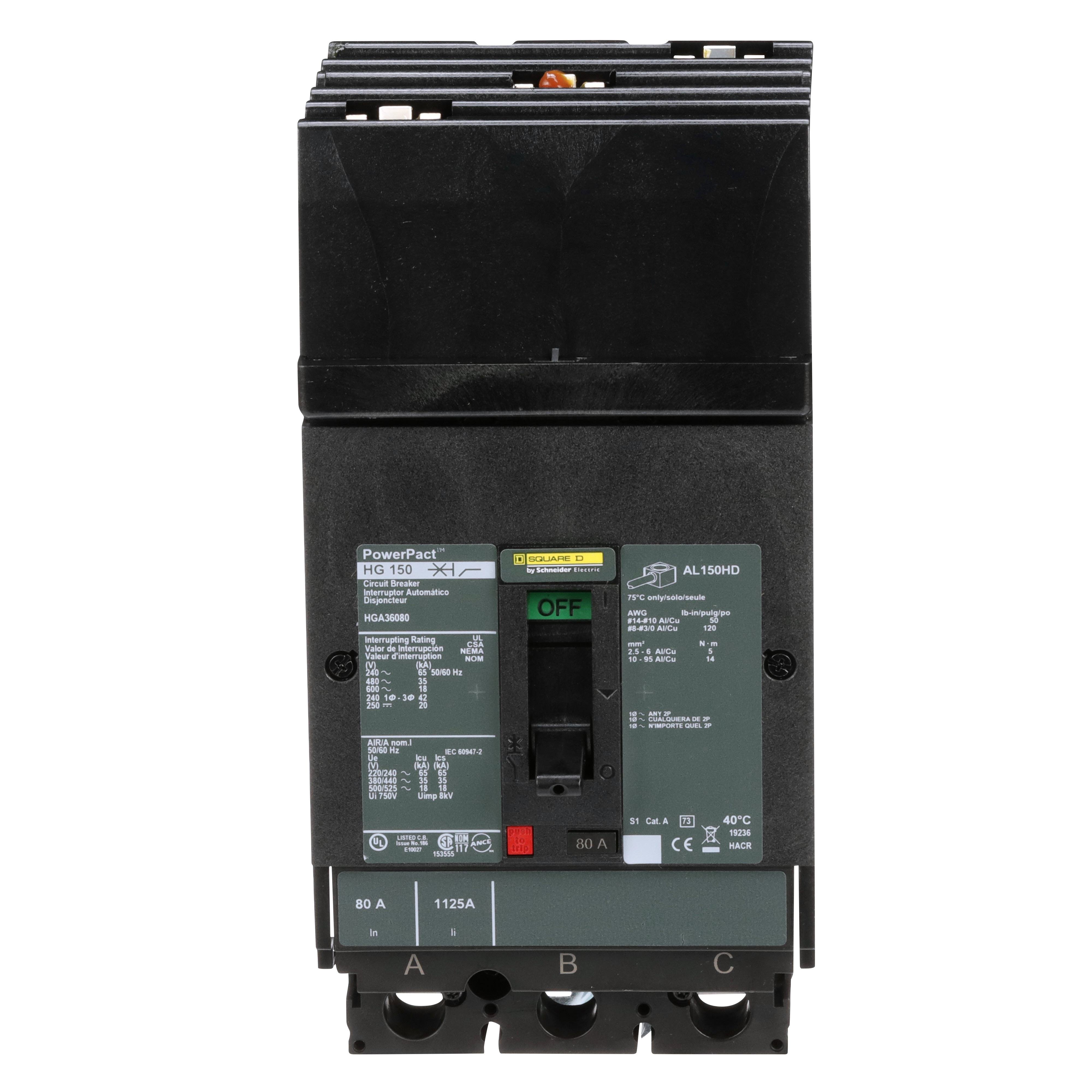Picture of HGA36080 - Circuit breaker, PowerPacT H, 80A, 3 pole, 600VAC, 18kA, I-Line, thermal magnetic, 80%, ABC