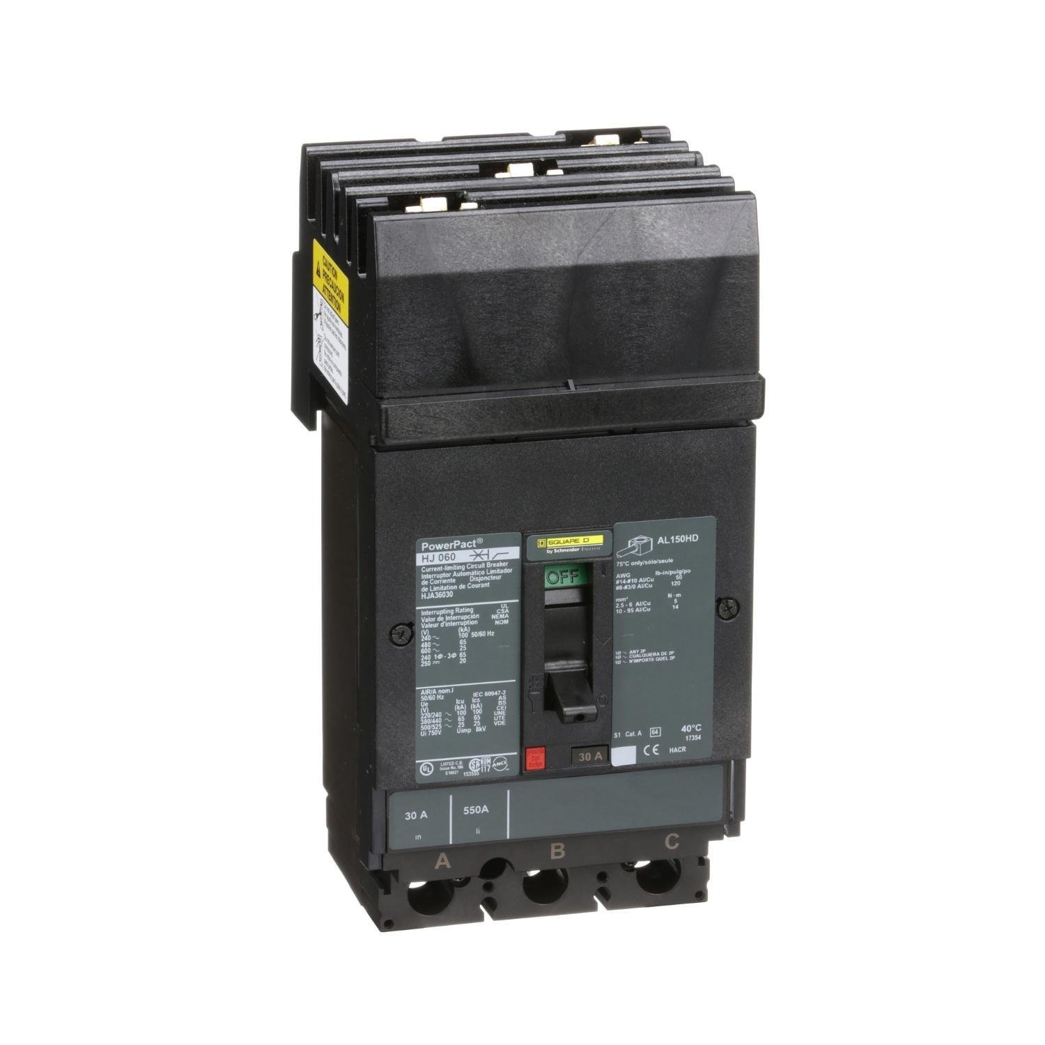Picture of HJA36030 - Circuit breaker, PowerPacT H, 30A, 3 pole, 600VAC, 25kA, I-Line, thermal magnetic, 80%, ABC