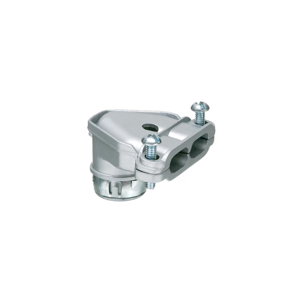 Picture of 84690ST - 90 degree zinc die-cast duplex connector with a twin screw strap. Snaps into 1/2" knockout with an external spring steel clip