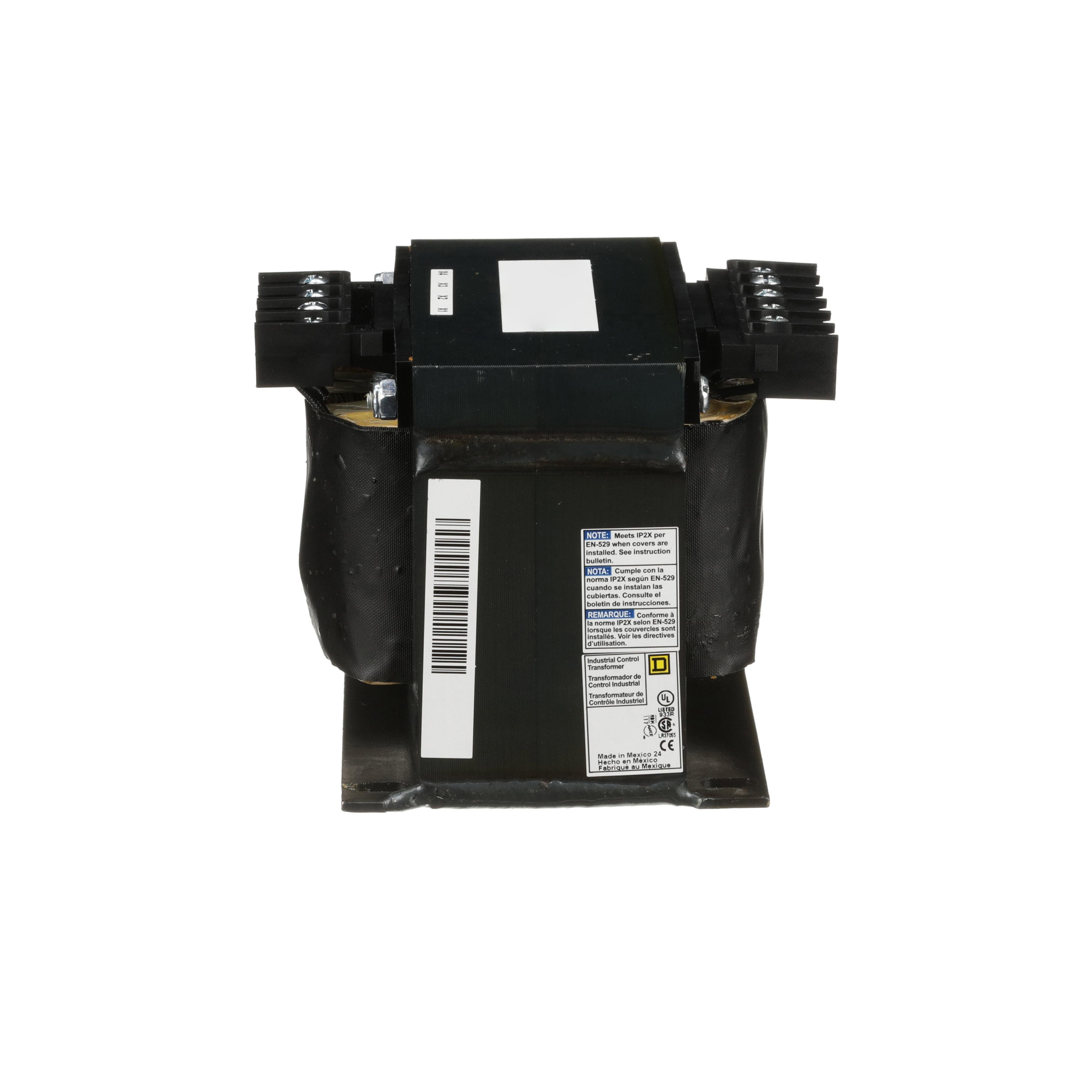 9070T500D19 - Transformer, Type T, industrial control, 500VA, 1 phase, 208/240/277/380/480V primary, 24V secondary, 115C rise