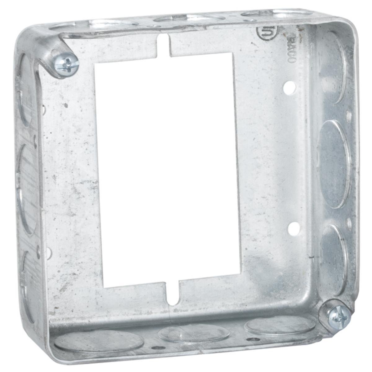187 - 4 in. Square Electrical Box Extender, Drawn, 1-1/2 in. Deep with Eight 1/2 in. and Four 3/4 in. KO's for Enhanced Switch Box Capacity.
